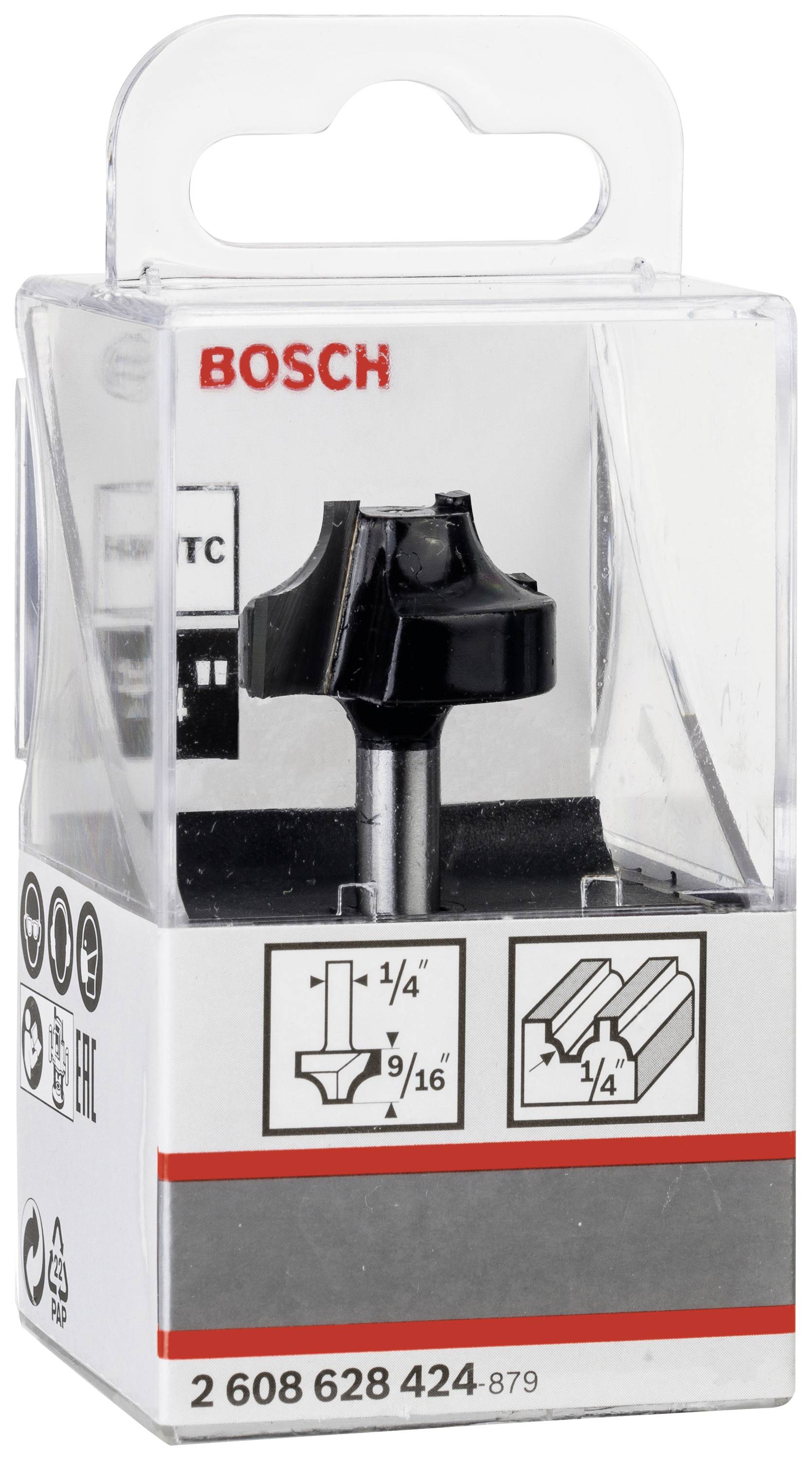 Oberfräser in Verpackung. Marke 'Bosch', Modellnummer '2 608 628 424'. Verpackungsillustration zeigt Fräsform und Abmessungen.
