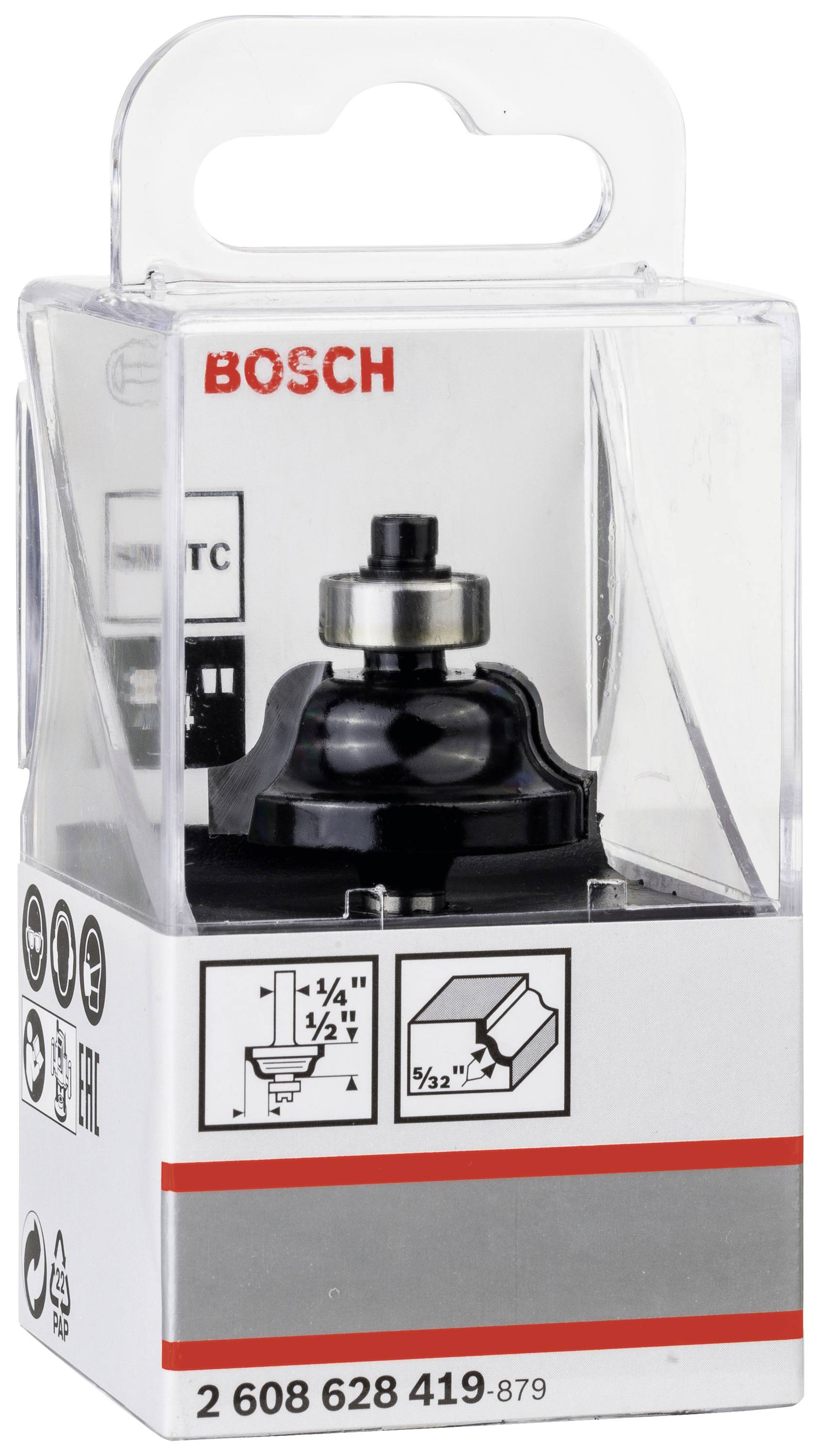 Verpackung mit einem Bosch Fräseraufsatz. Zeigt technische Symbole und Maße. Enthält Informationen zur Produktanwendung.