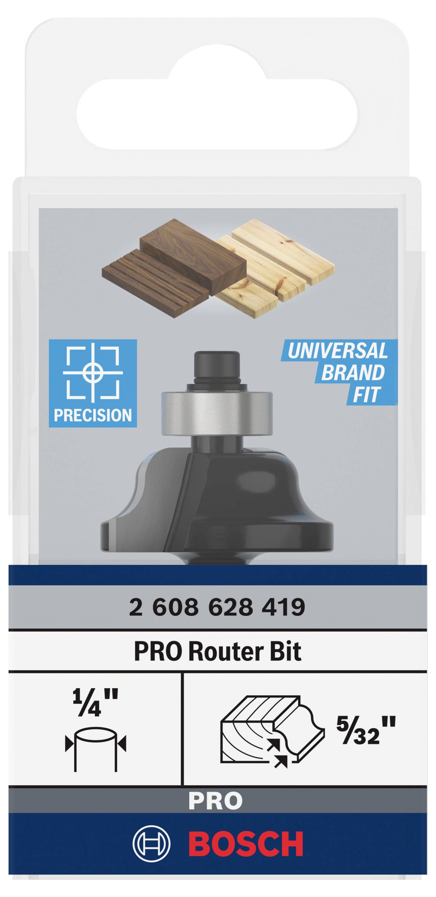 'PRO Router Bit' von Bosch in Verpackung. Geeignet für Holzfräsen. Details zeigen Präzision, Universalkompatibilität und Maße: 1/4 Zoll, 5/32 Zoll.