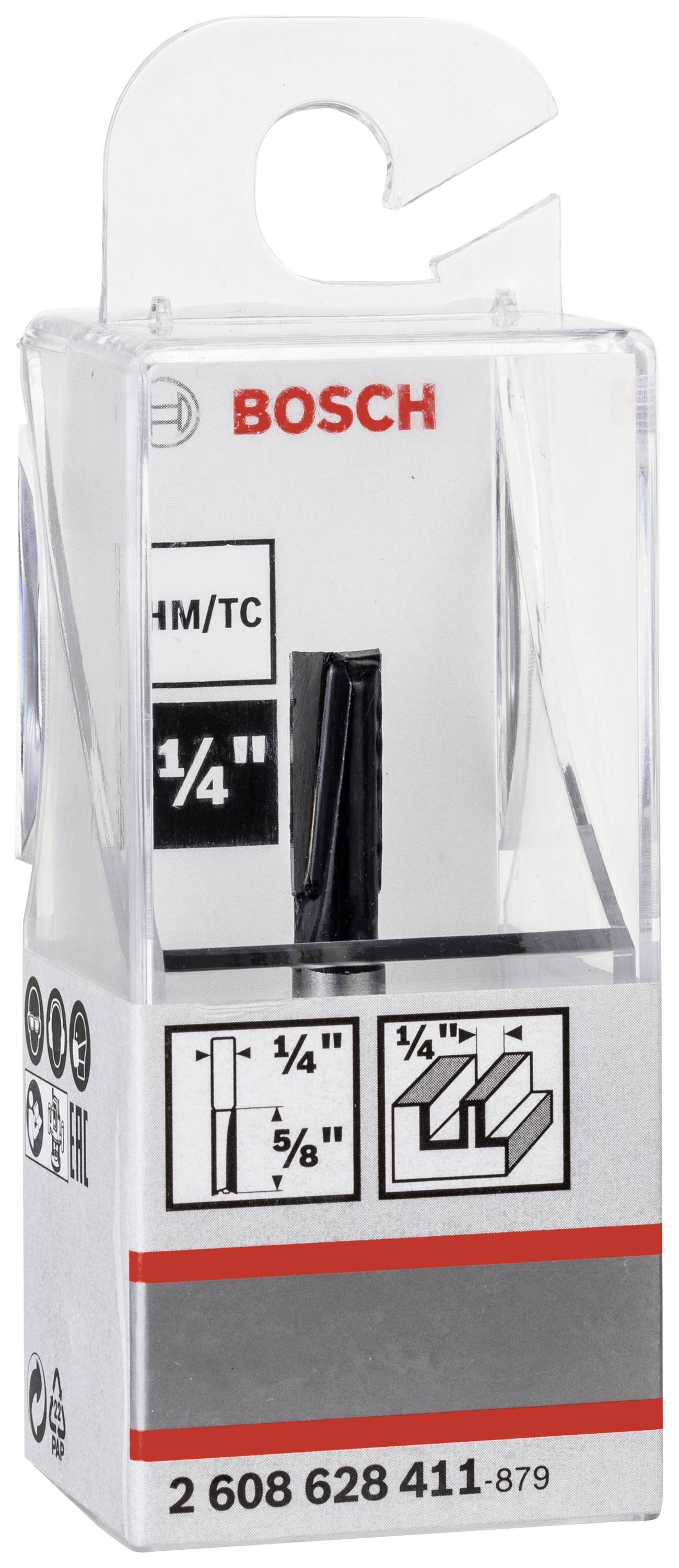 Eine Verpackung mit einem Bosch-Werkzeugaufsatz. Enthält Symbole für die kompatiblen Fräsprofile und die Aufschrift '2 608 628 411'.