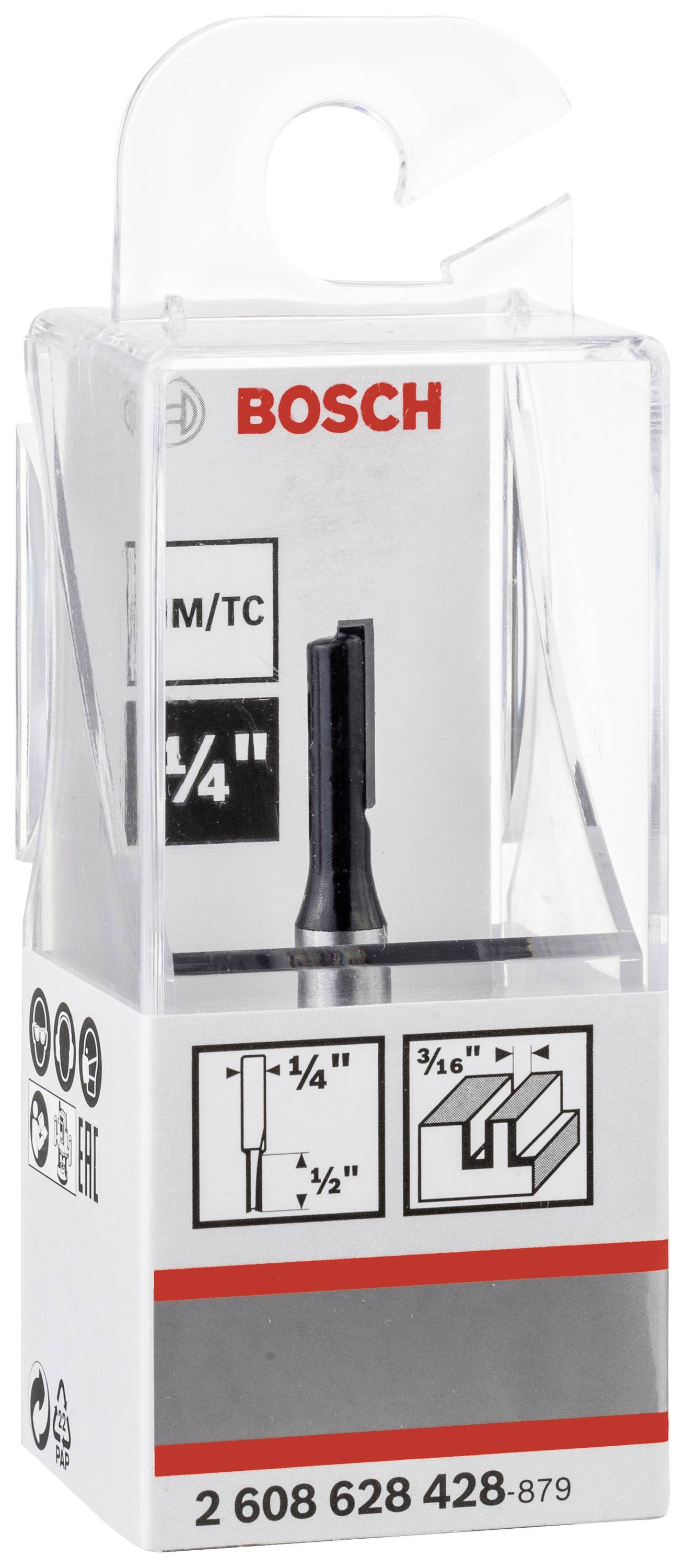Eine durchsichtige Kunststoffverpackung mit einem Bosch-Fräsbohrer. Technische Zeichnungen und Maßangaben auf der Vorderseite.
