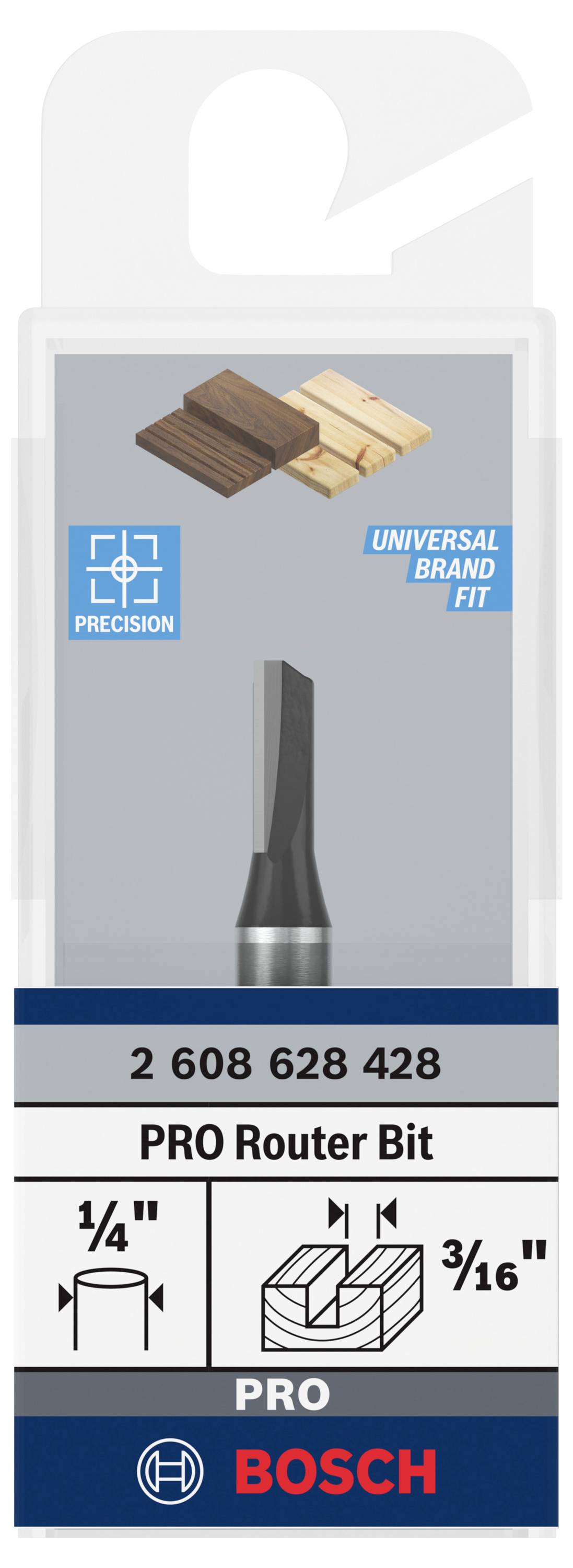 PRO Fräserbit von Bosch, Verpackung zeigt Spezifikationen: 1/4