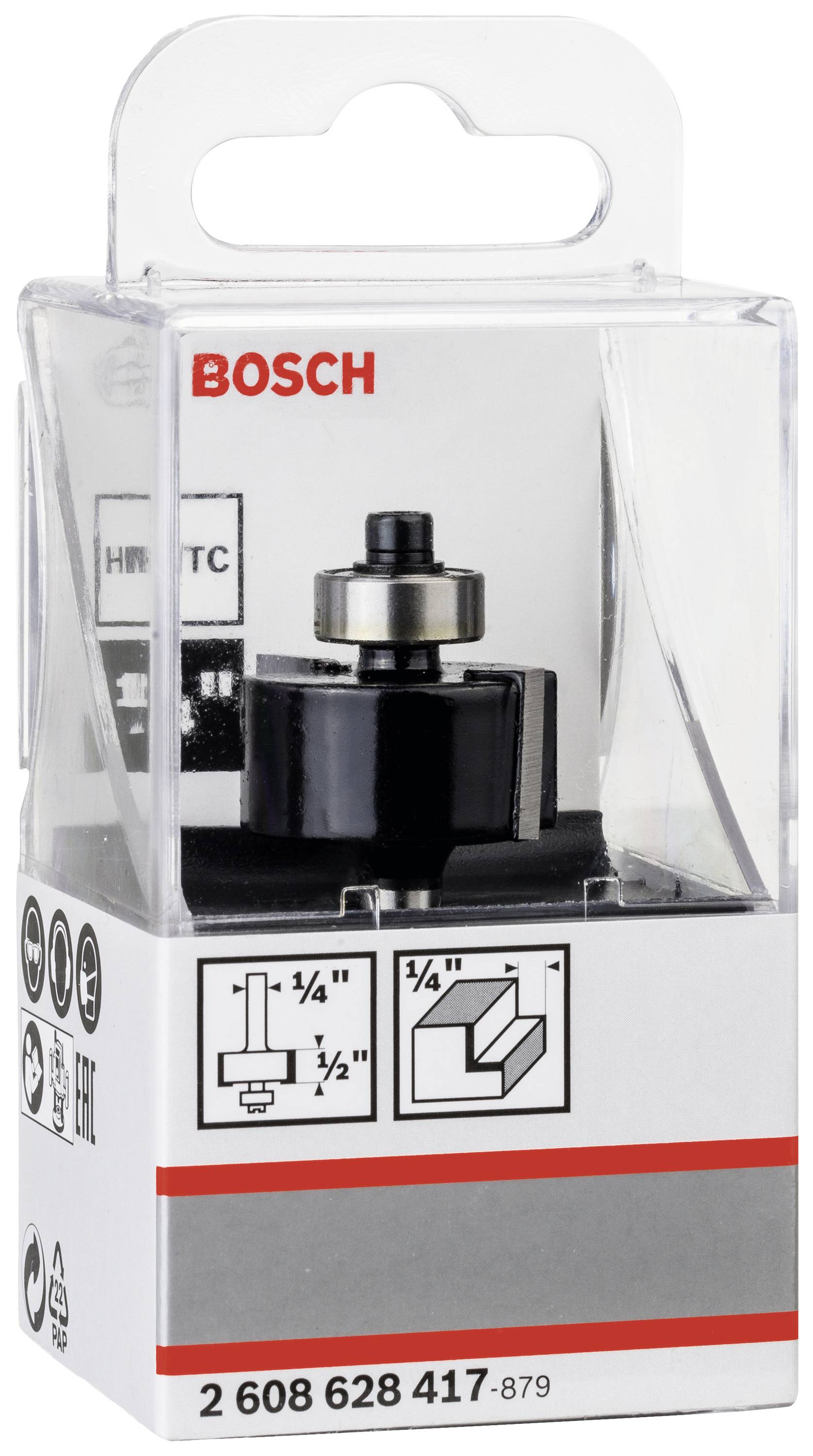 Eine transparente Verpackung von Bosch mit einem Fräser. Aufdruck zeigt Produktdetails, Größenangaben (1/4'' R, 1/2'' R) und das Bosch-Logo.