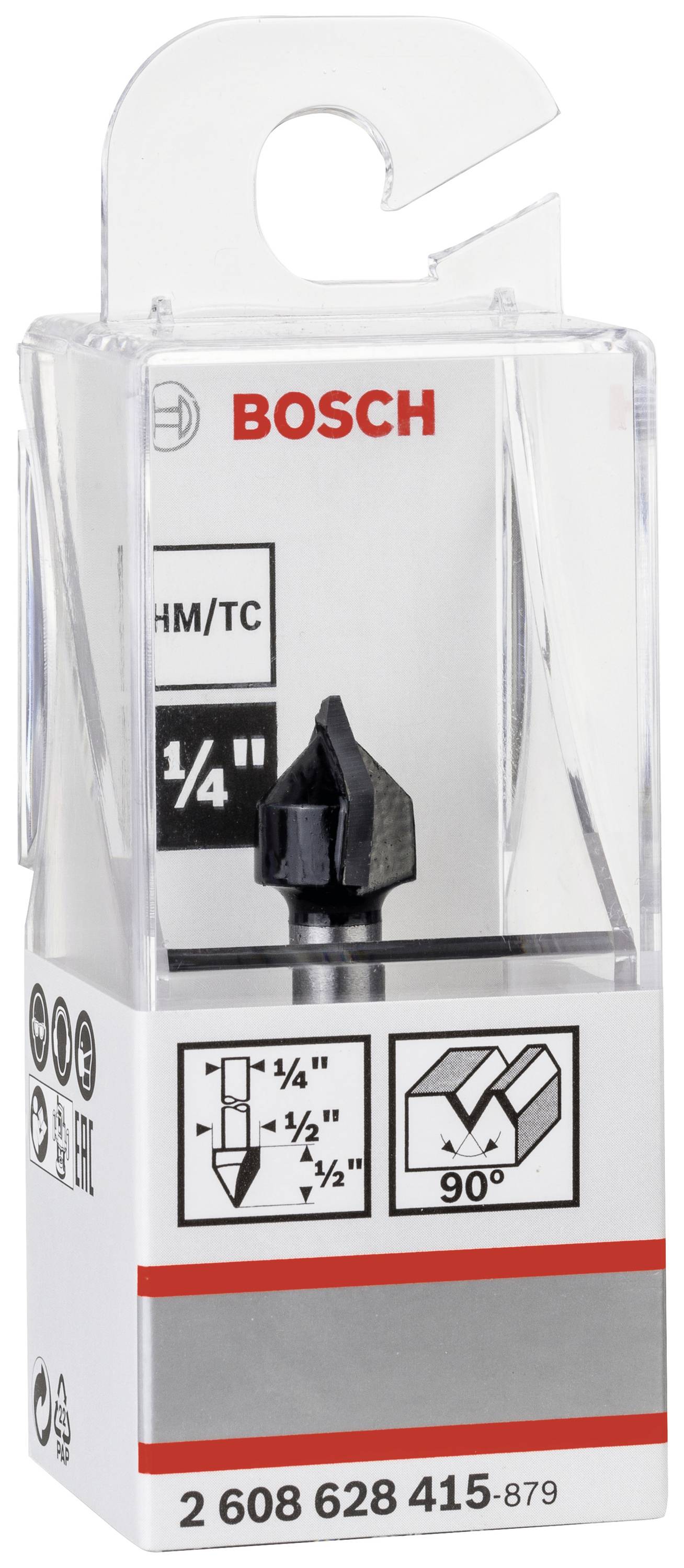 Verpackung eines Bosch Fräsers mit 90-Grad-Kantenschneidevorrichtung. Aufdruck zeigt Maße und Produktcode '2 608 628 415-879'.