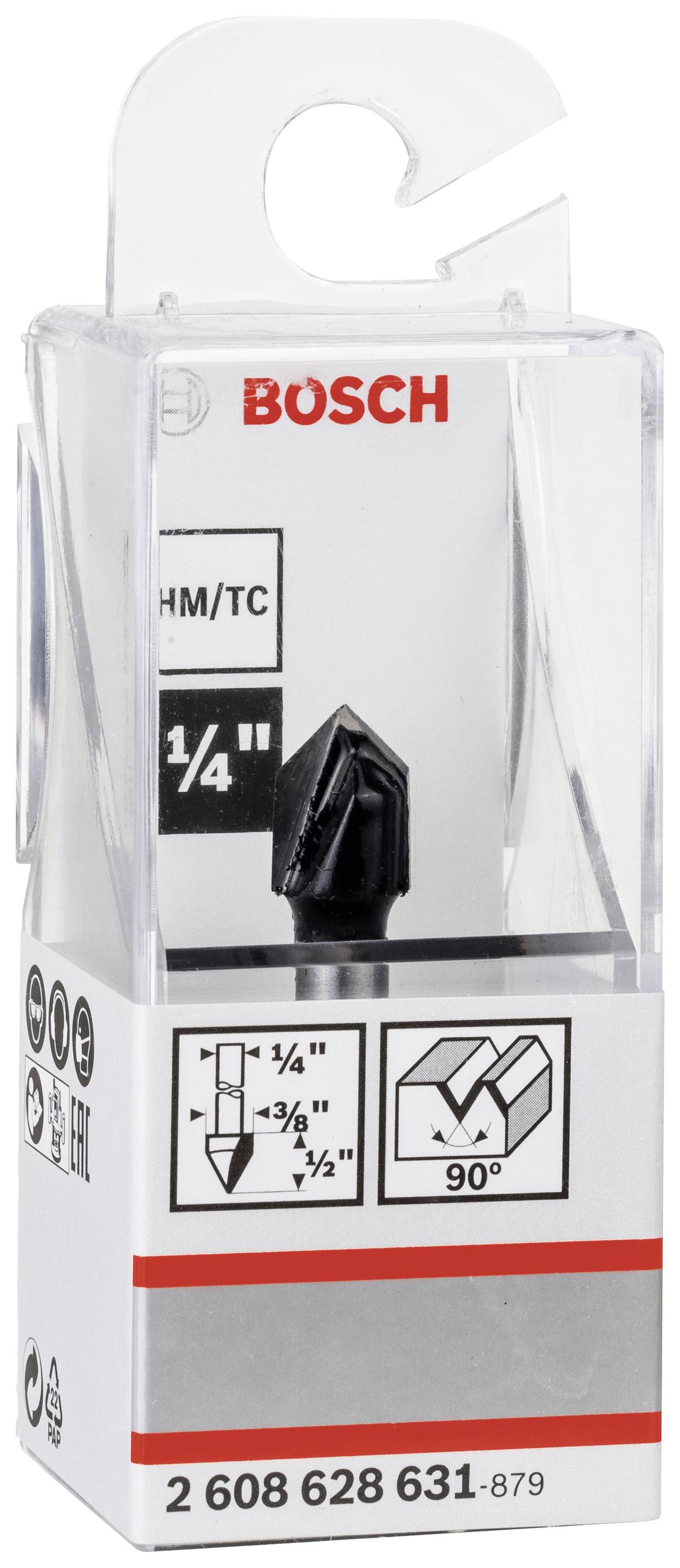 Verpackung einer Bosch Fräserspitze. Zeigt die Fräsergröße '1/4