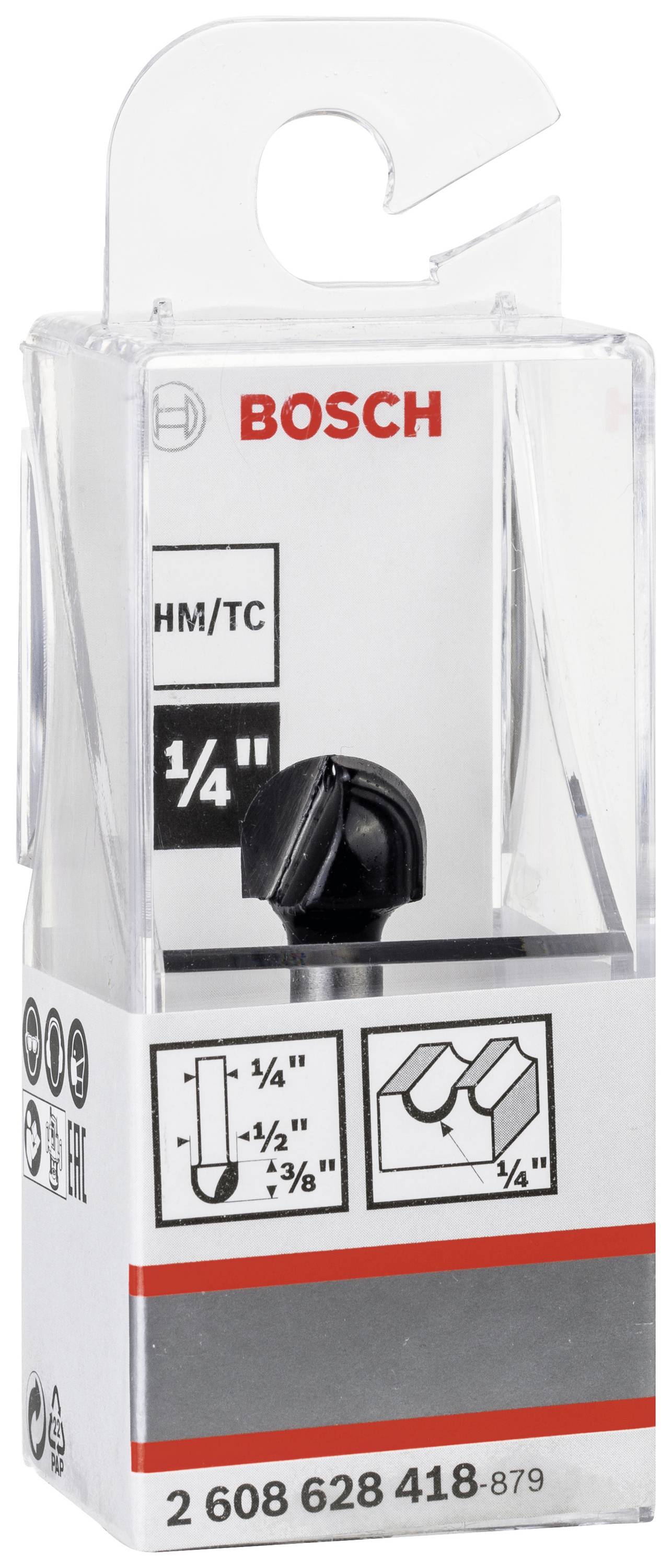 Eine Verpackung mit einem Bosch Fräser, HM/TC 1/4 Zoll, geeignet für präzise Nutenarbeiten, abgebildet mit technischen Symbolen.