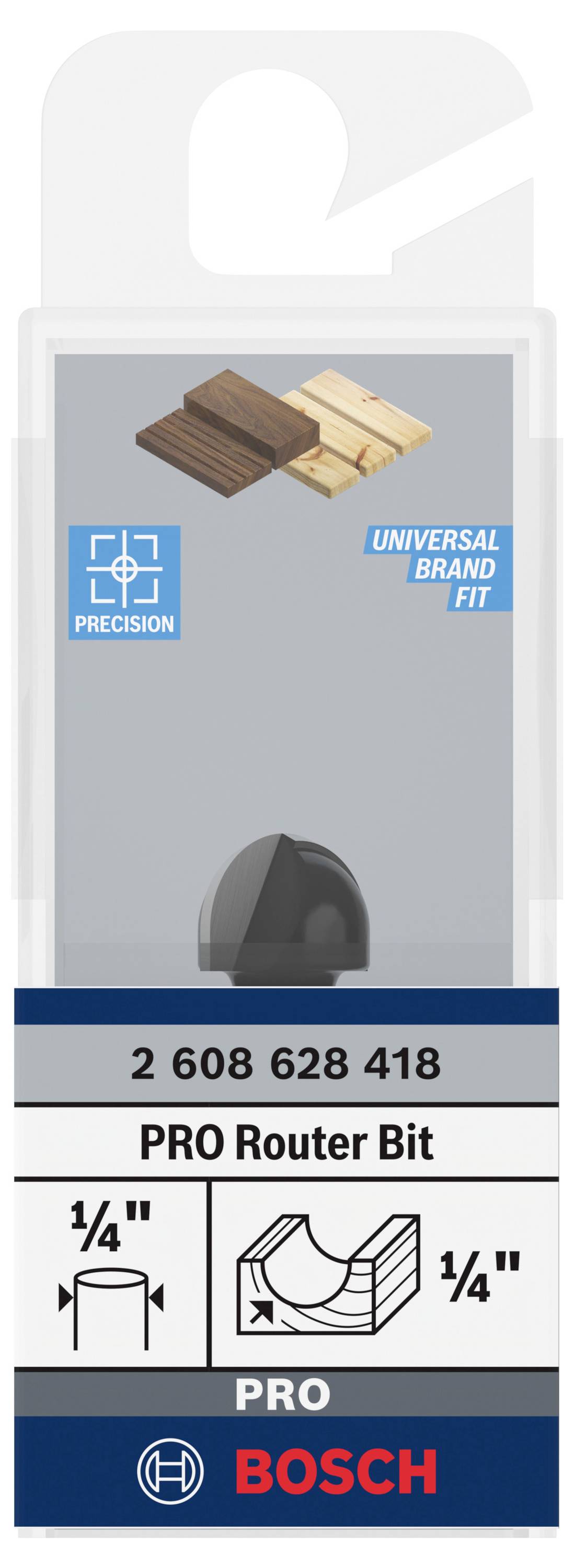 'Bosch PRO Router Bit' Verpackung mit schwarzen Fräser, Passform für Präzision. Oben links und rechts Holzbilder, ¼ Zoll Symbol.