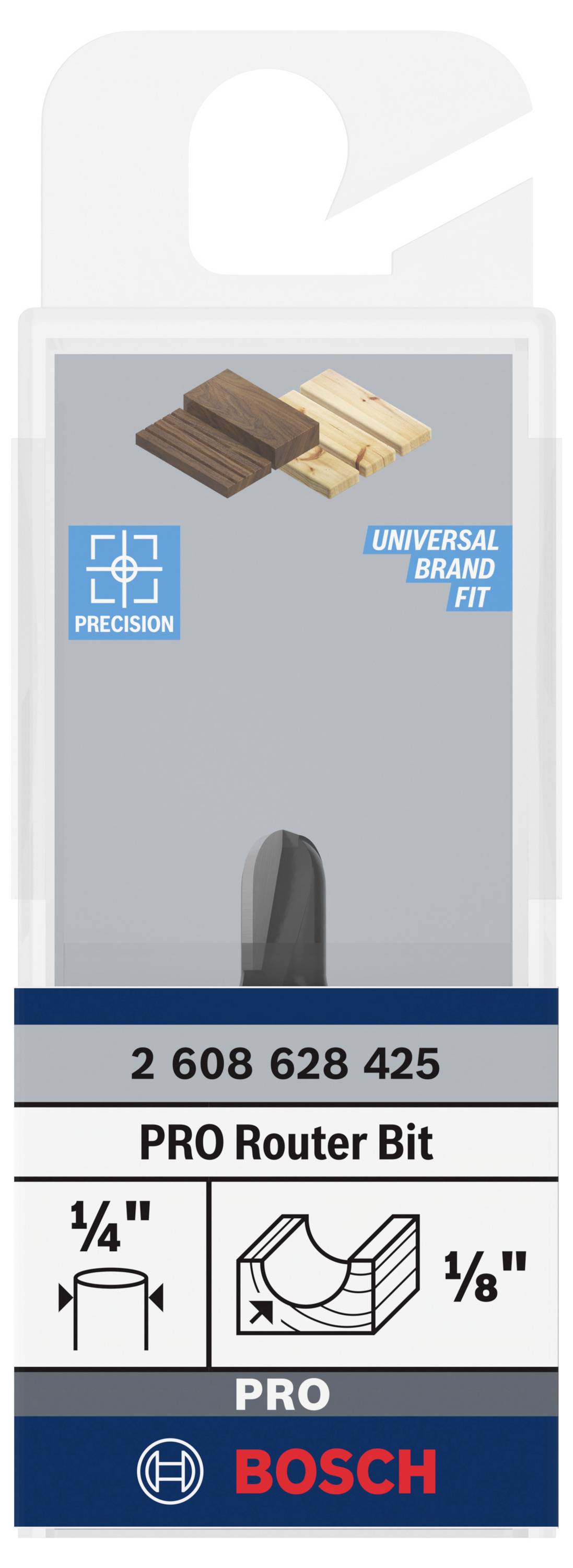 Verpackung eines Bosch PRO Fräsers, geeignet für Holzarbeiten. Zeigt Größensymbole und Kompatibilität mit verschiedenen Holzarten.