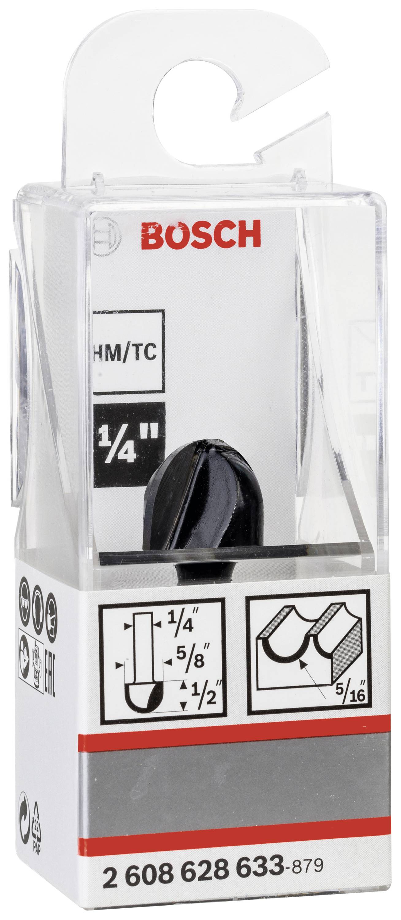 Eine Bosch-Fräserverpackung zeigt einen Viertelzoll-Fräser. Verpackung illustriert Fräserform und gibt Produktinformationen an.