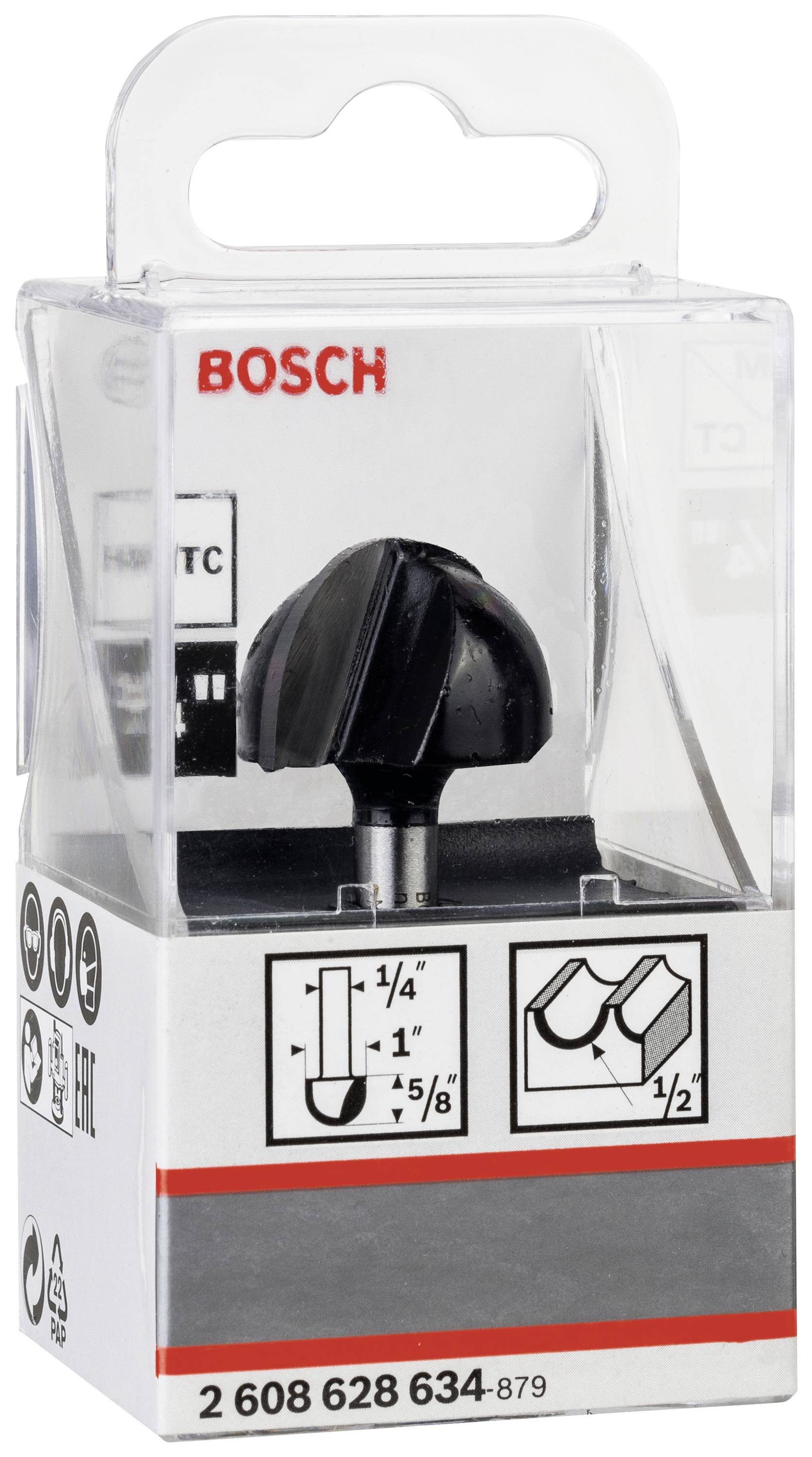 Ein Fräseraufsatz der Marke Bosch in einer durchsichtigen Kunststoffverpackung, geeignet für Holzbearbeitung mit detaillieren Größenspezifikationen.