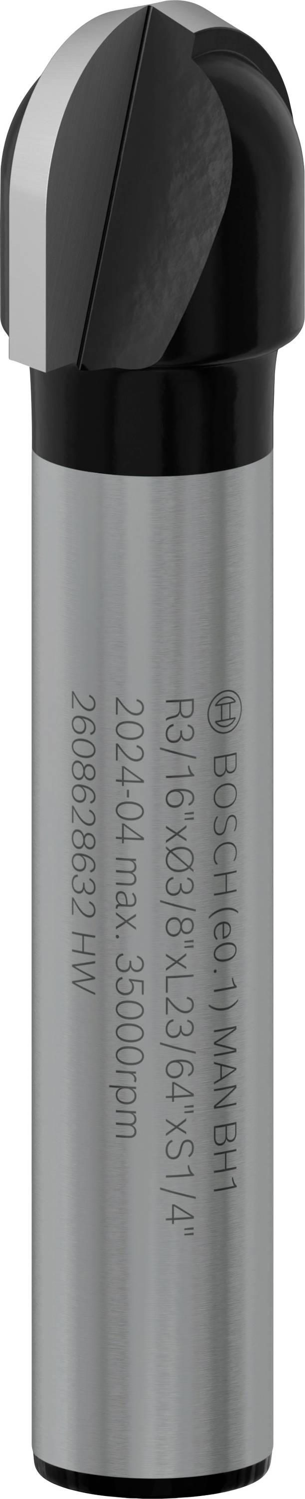 Ein metallischer Fräskopf mit der Gravur 'BOSCH 1/4', geeignet für Präzisionsarbeiten bei bis zu 35.000 U/min.