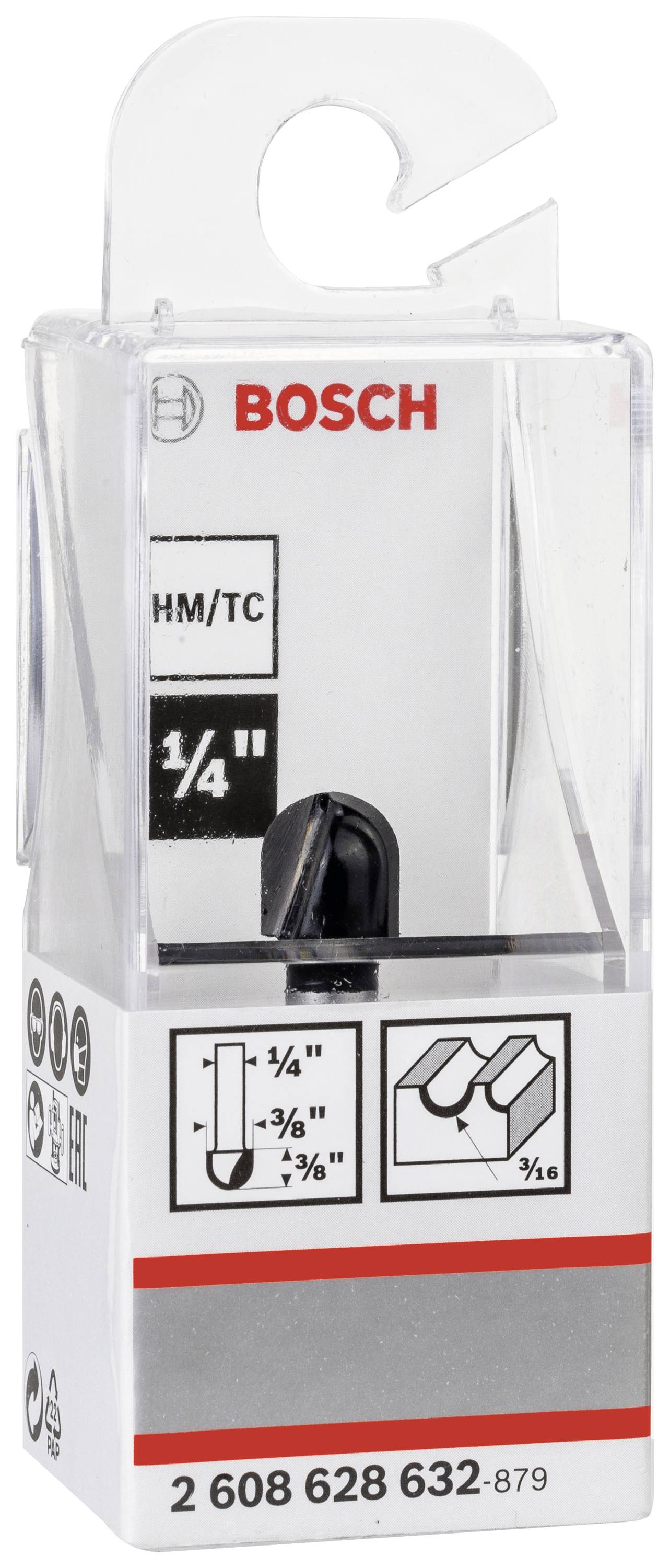 'Bosch' Fräser in Plastikverpackung. Beschriftung mit Maßen für Fräsdurchmesser und technische Symbole.