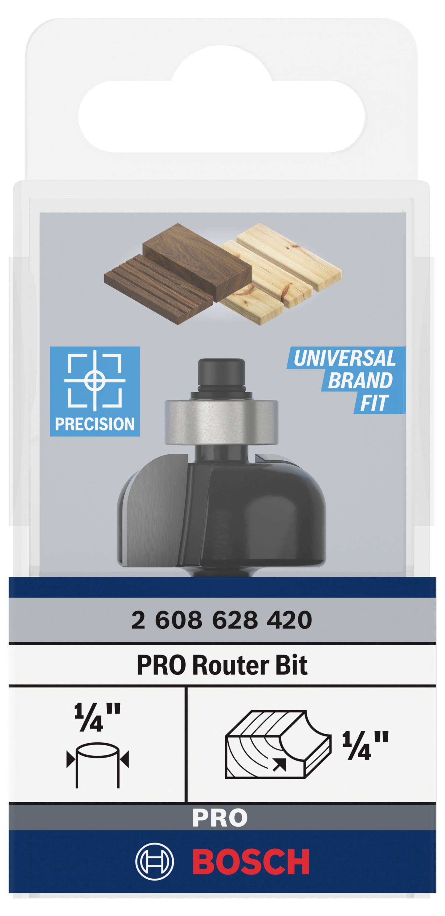 'Bosch PRO Fräser' Verpackung mit Bild eines runden Fräsers, Icon für Präzision und Universalität, und Holzbeispielen für Anwendung.