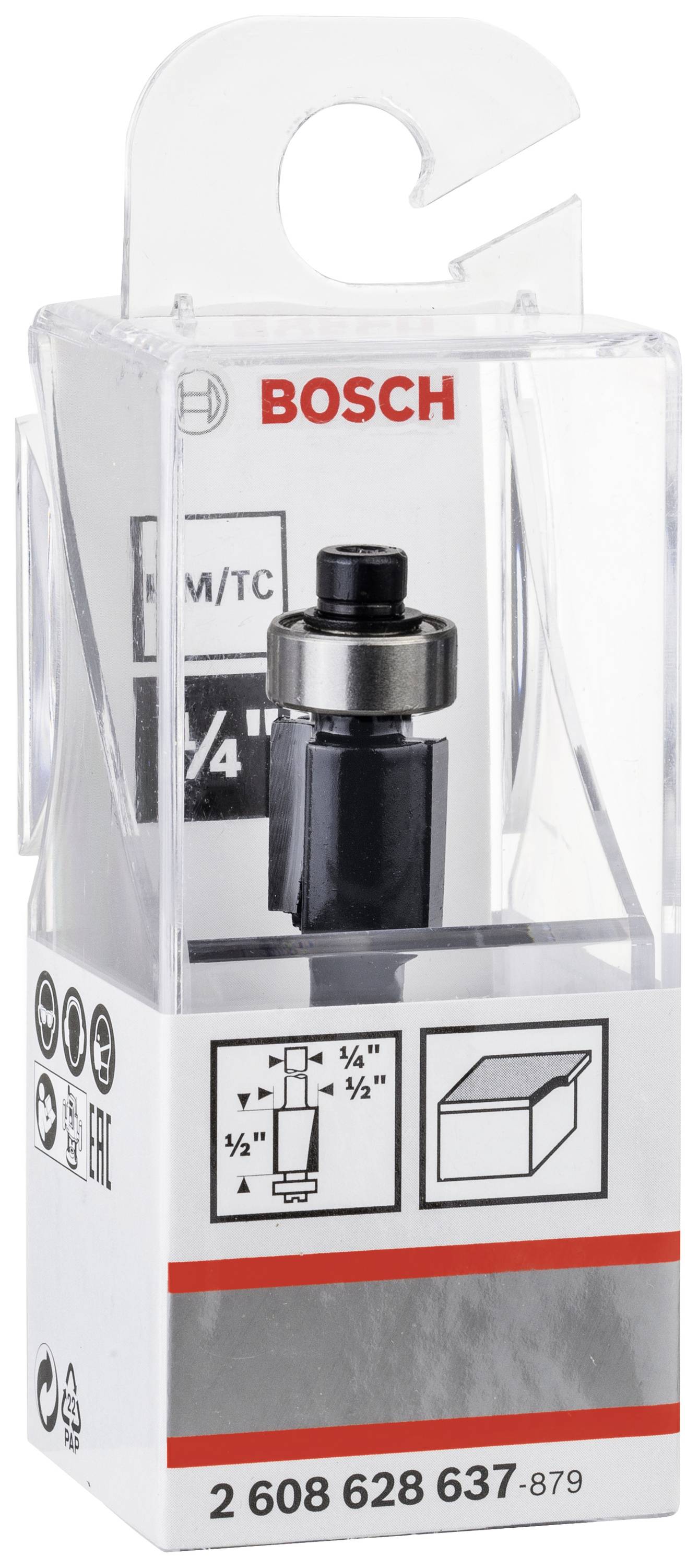 Oberfräser von Bosch in transparentem Kunststoffgehäuse. Verpackung enthält Maße und Symbole zu Einsatzmöglichkeiten des Fräsers.