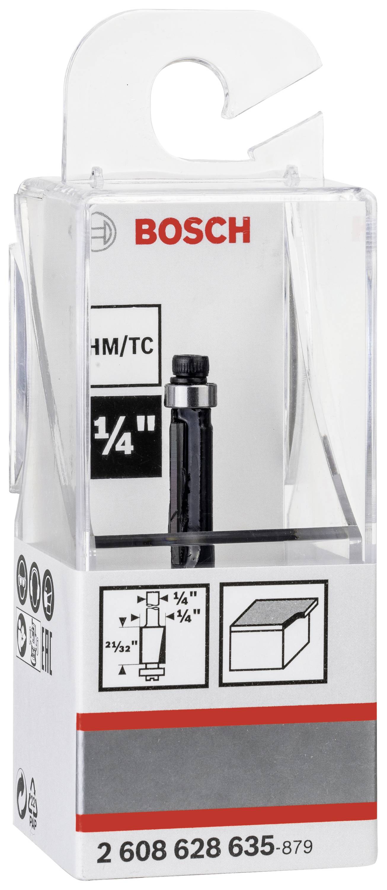 Fräser von Bosch in transparenter Verpackung. Geeignet für Holzarbeiten mit einer 1/4 Zoll Spannzange. Verpackung zeigt Einsatzgrafik.