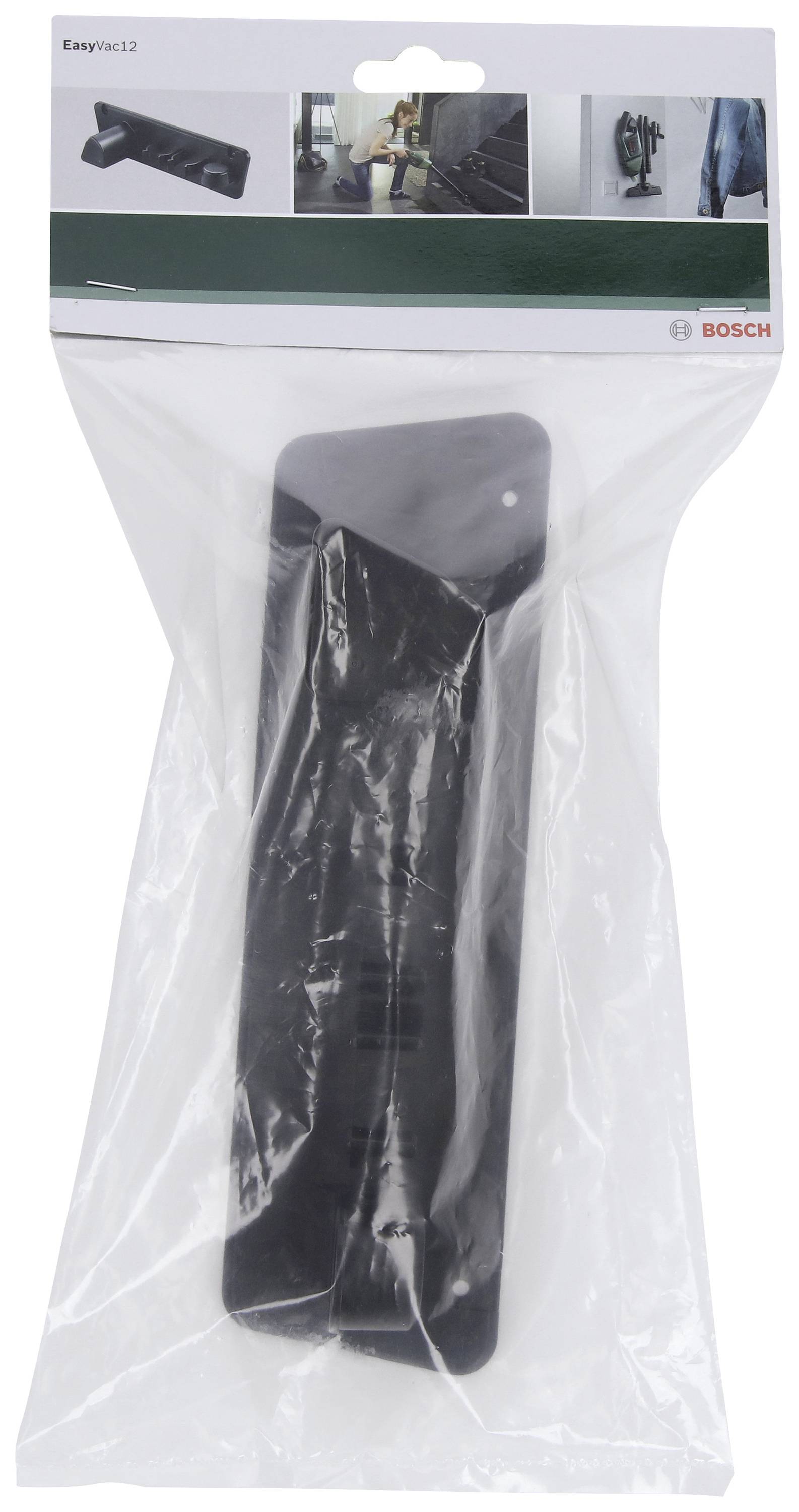 Eine Kunststoffverpackung mit einem schwarzen Werkzeughalter von Bosch. Verpackung zeigt Bilder zur Anwendung des Produkts.