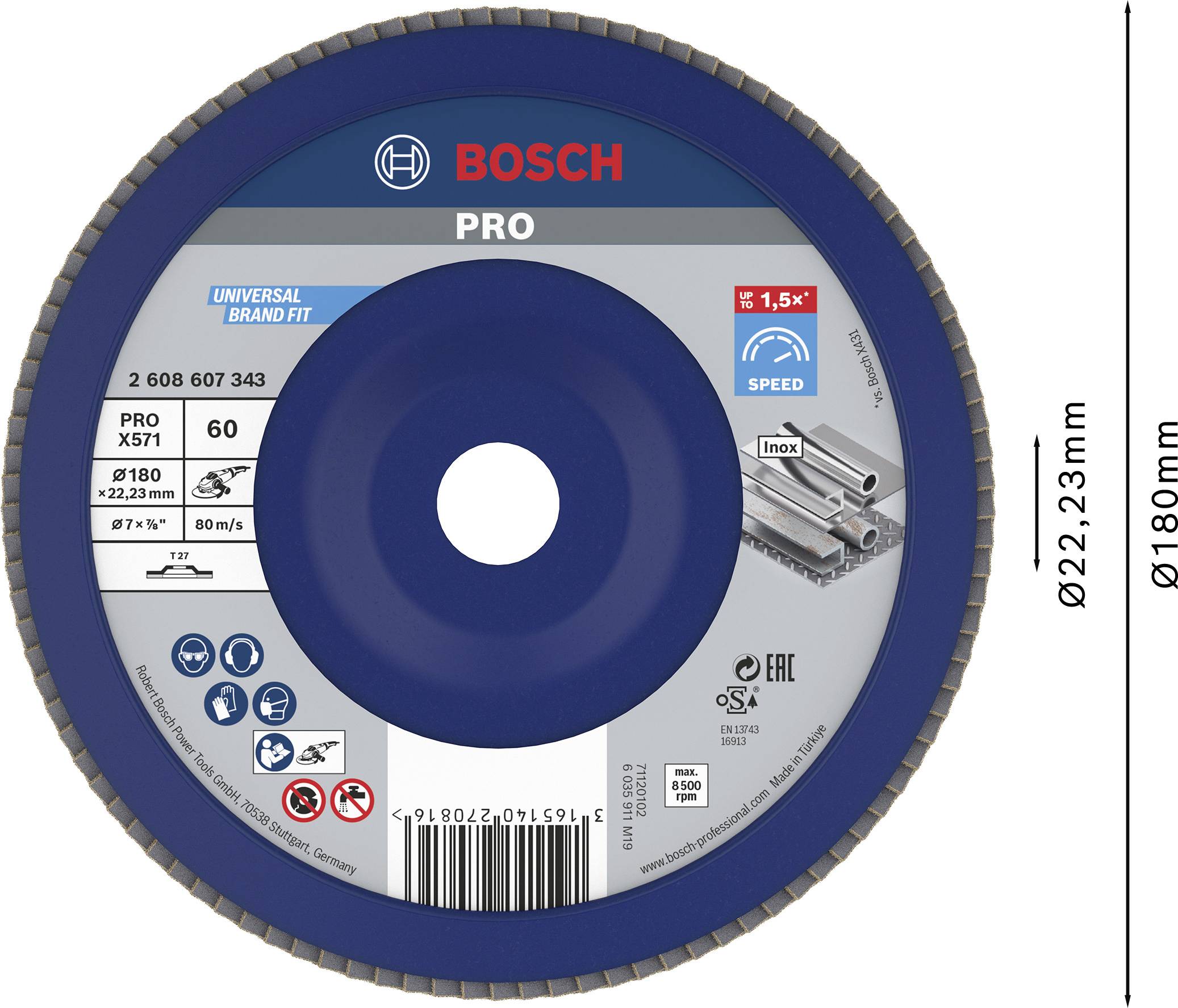 Bosch Accessories 2608607343 X571 Fächerschleifscheibe Durchmesser 180mm Bohrungs-Ø 22.33mm Stahl 1St.