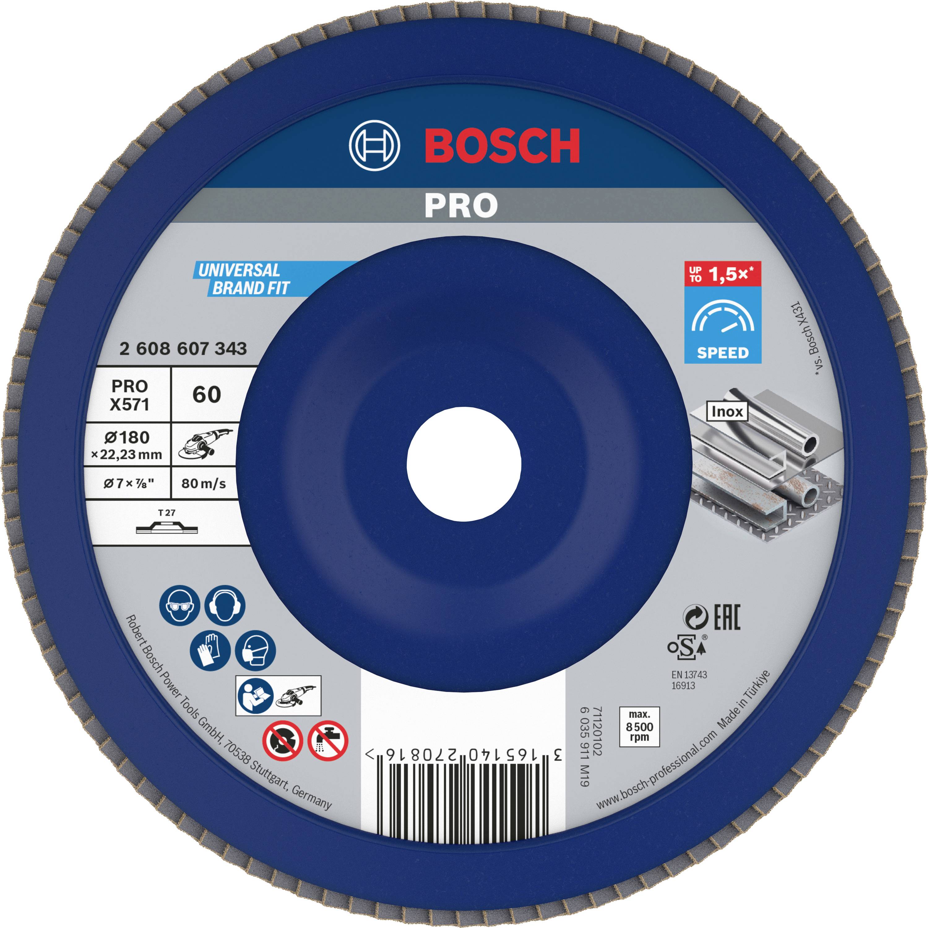 Bosch PRO Trennscheibe für Inox, 180 mm Durchmesser, max. 80 m/s, 8500 U/min. Geeignet für Metallbearbeitung, 1,5 mm Dicke.