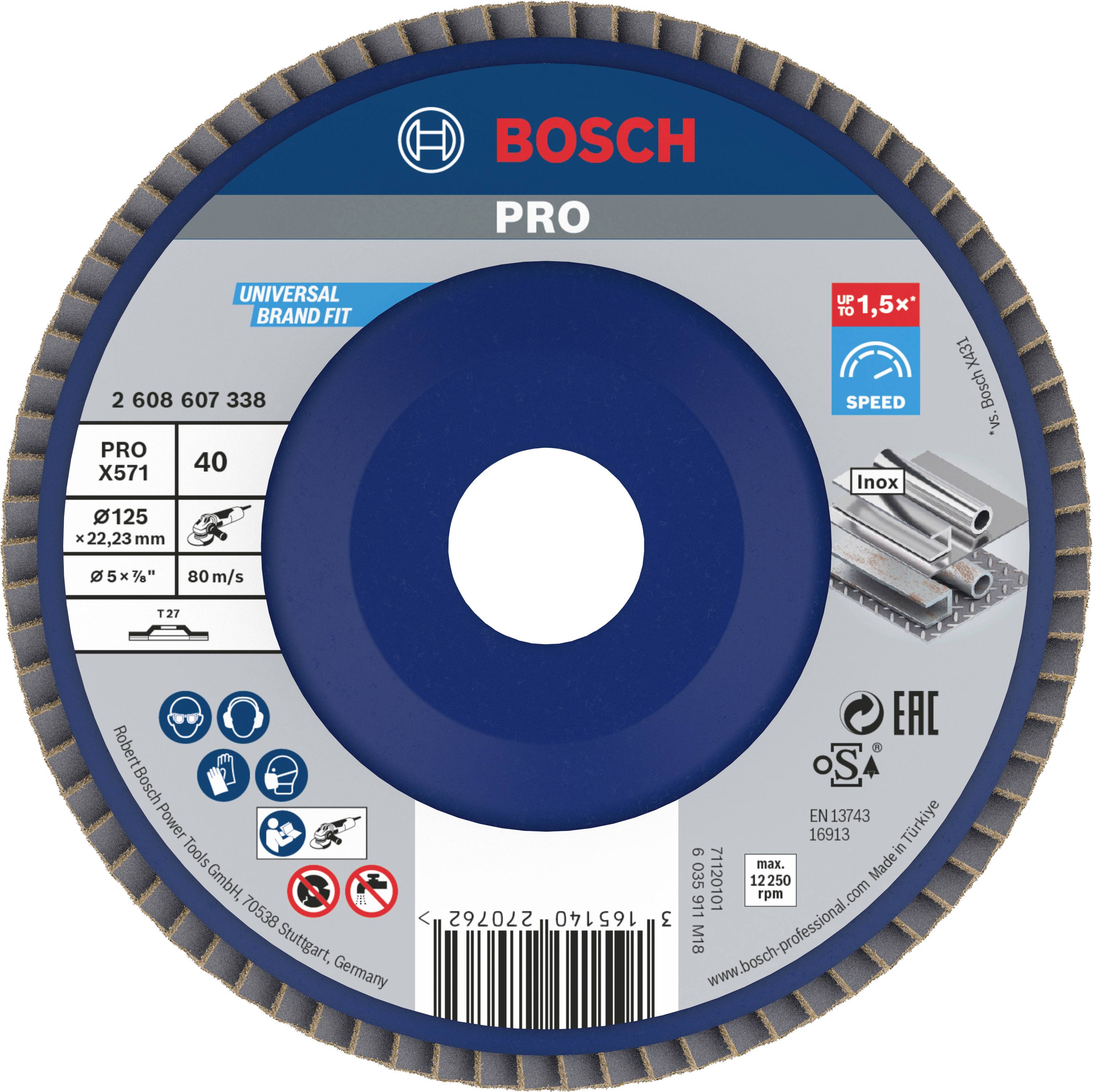 'Bosch Pro' Schleifscheibe. Durchmesser 125 mm, max. Geschwindigkeit 80 m/s, verwendbar für Stahl-Inox. Enthält Warn- und Sicherheitszeichen.