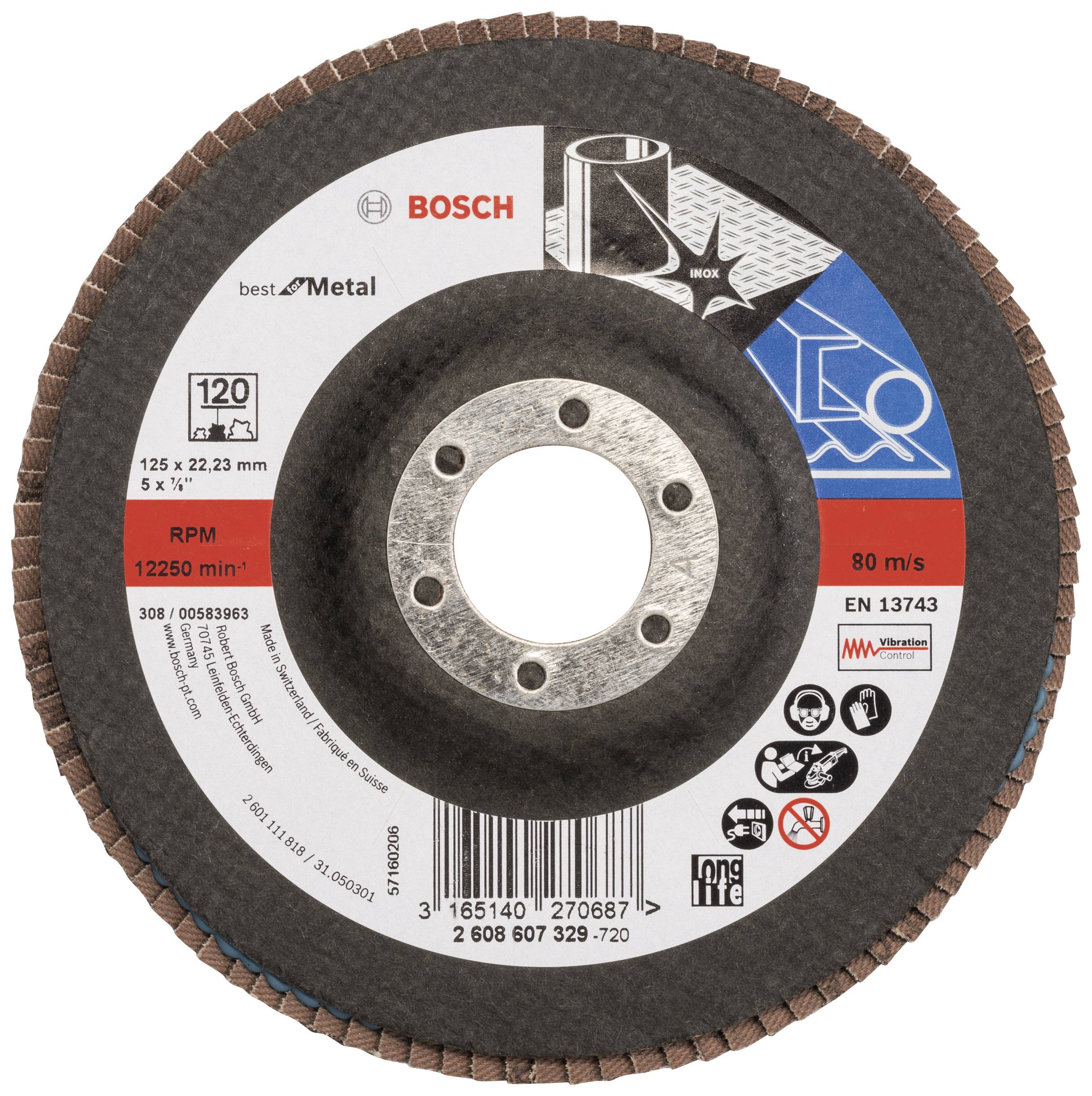 Schleifscheibe von Bosch, geeignet für Metall. Durchmesser 125 mm, maximale Drehzahl 12.250 U/min, gemäß EN 13743.