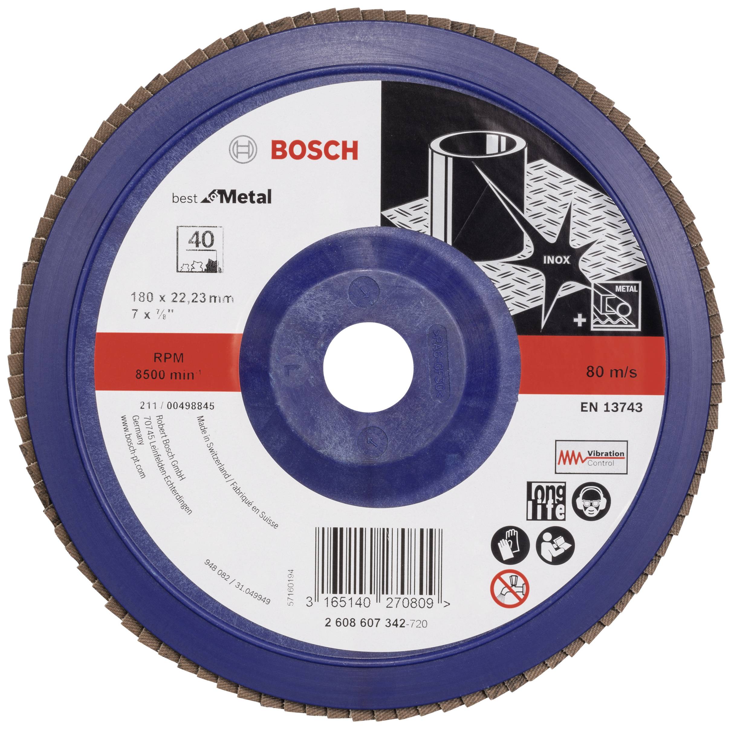 Schleifscheibe mit Etikett: 'Bosch, Best for Metal', 180 x 22,23 mm, Geschwindigkeit 80 m/s. Enthält Symbole zur Kompatibilität und Sicherheit.