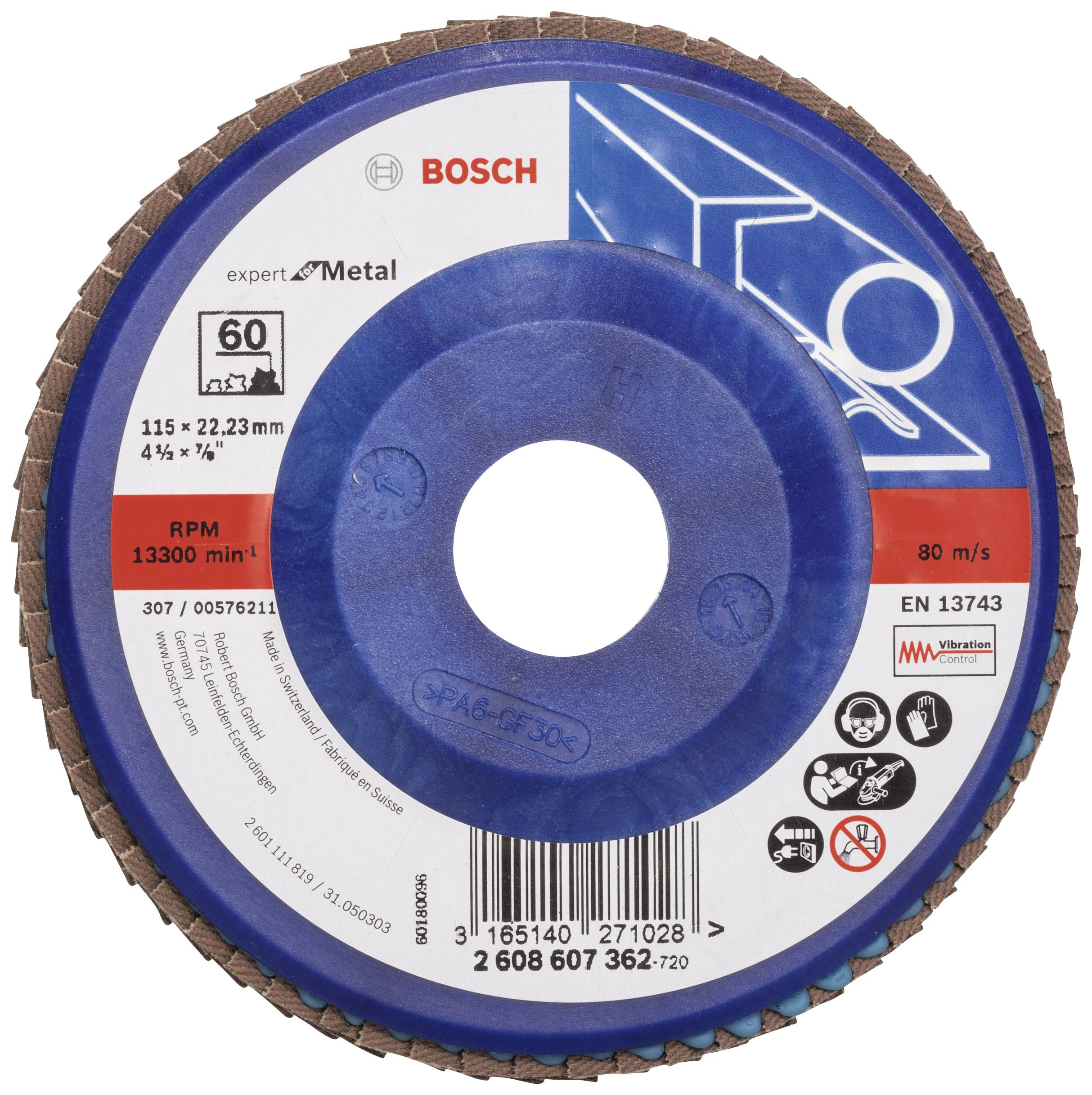 'Bosch'-Schleifscheibe für Metall, Durchmesser 115 mm x 22,23 mm. Max. Drehzahl: 13.300 U/min. Enthält Piktogramme zum sicheren Gebrauch.