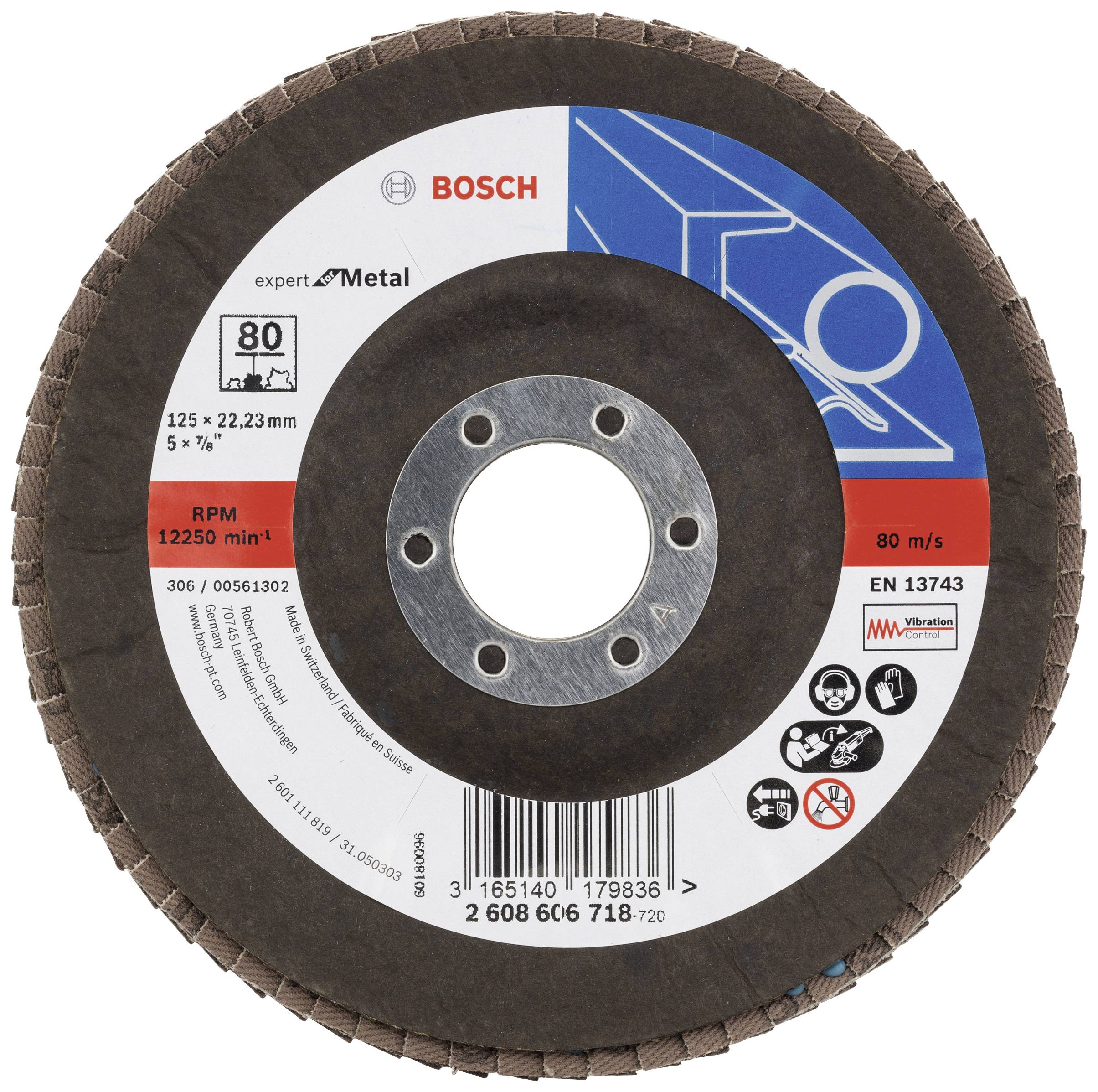 Runde Schleifscheibe von Bosch, 125 x 22,23 mm, für Metallbearbeitung, 80 Körnung, max. 12.250 U/min, EN 13743 zertifiziert.