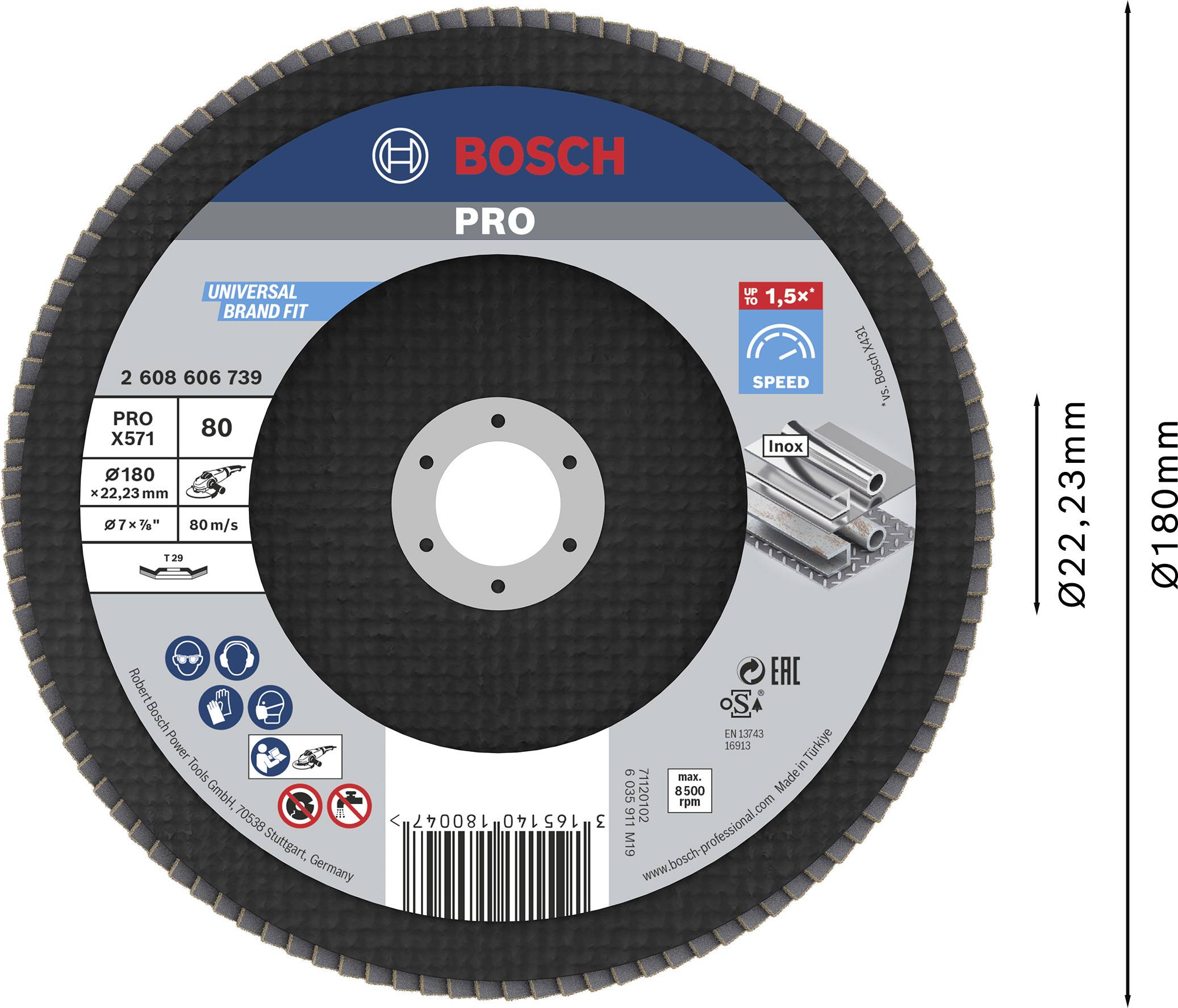 Schleifscheibe 'Bosch Pro' für Edelstahl, Durchmesser 180mm, Stärke 22,23mm, mit Markierungen für maximale Geschwindigkeit und Sicherheitsstandards.