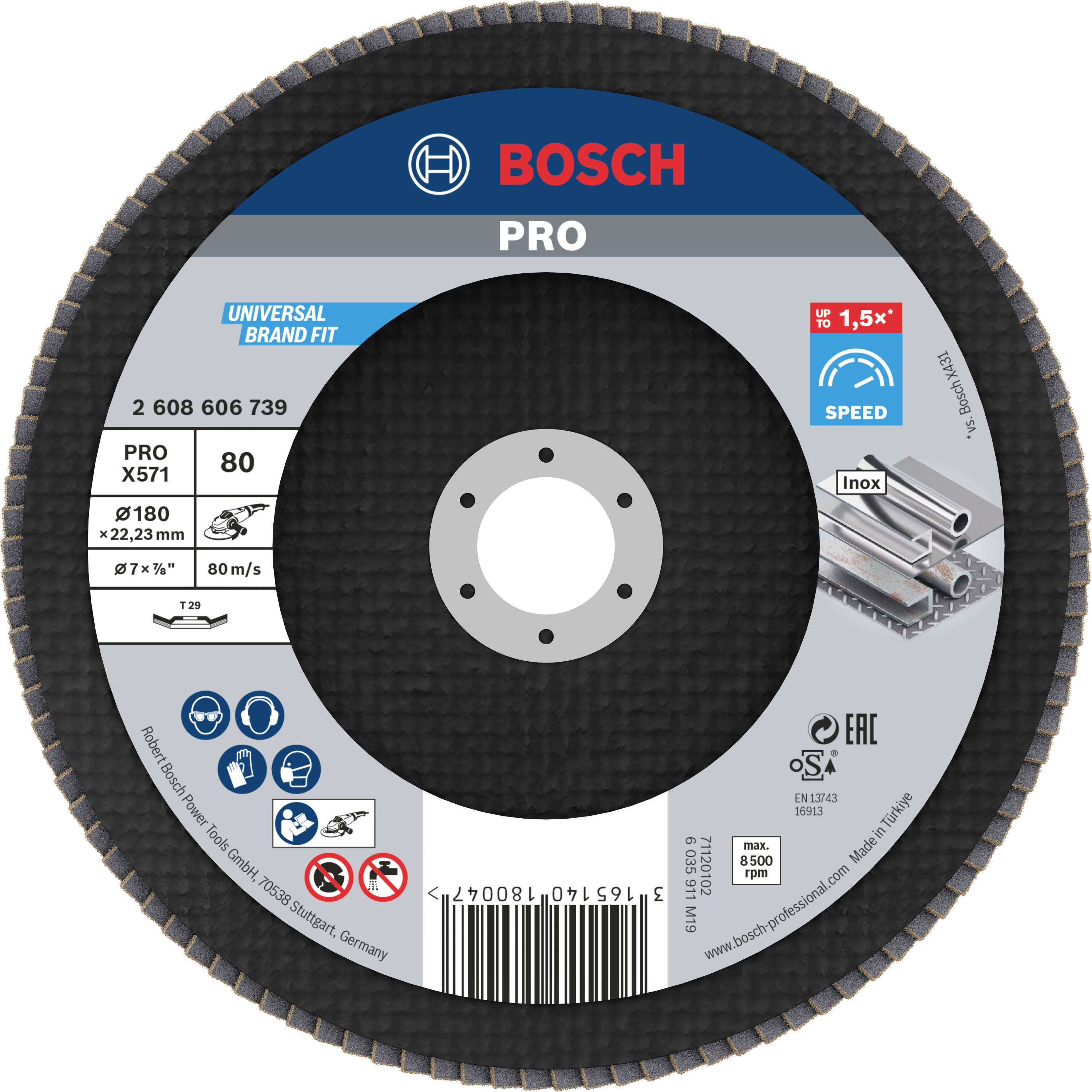 Schleifscheibe der Marke Bosch, Modell PRO. Durchmesser 180 mm, max. 80 m/s. Geeignet für Metallbearbeitung.