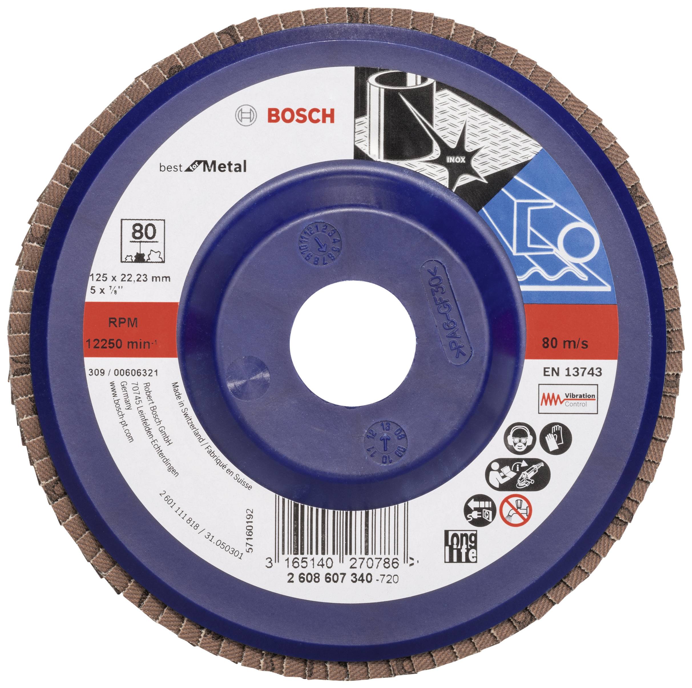 Bosch Schleifscheibe, best for Metal, 125 x 22,23 mm, 80 m/s. Maximale Drehzahl: 12250 min⁻¹, Norm: EN 13743.