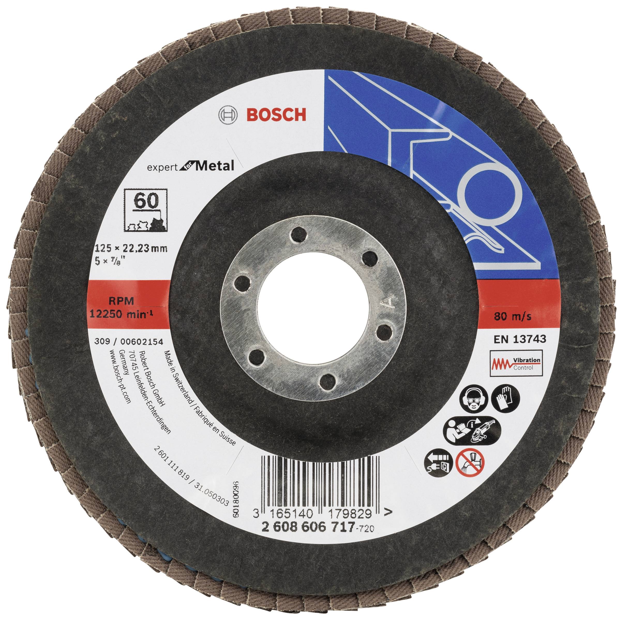 Schleifscheibe von Bosch 'expert for Metal', Durchmesser 125 mm, geeignet für Metallbearbeitung, maximale Drehzahl 12250 U/min.