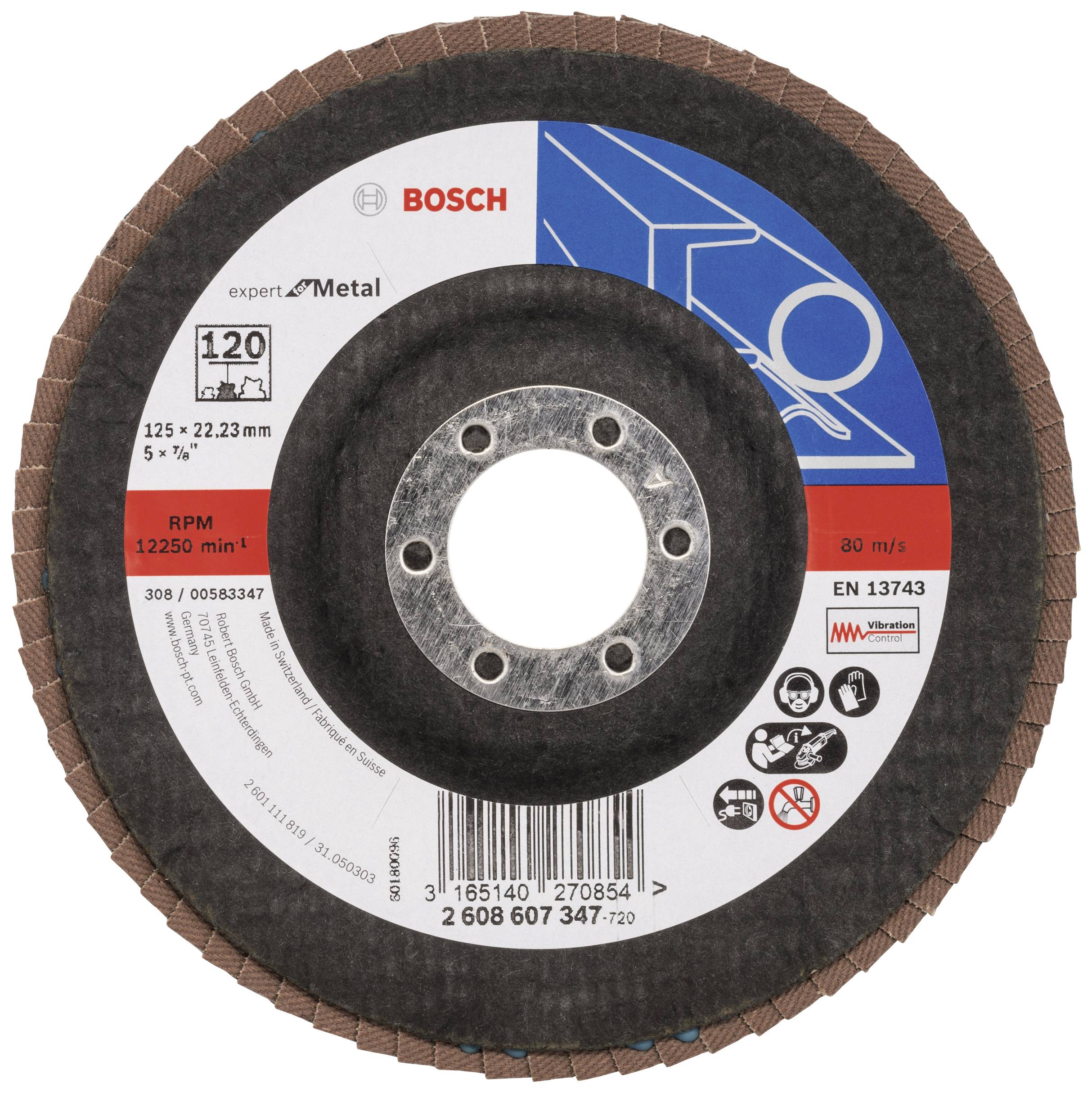 Bosch Schleifscheibe für Metall, 120 Körnung, 125 x 22,23 mm, max. 12.250 U/min. Geprüft nach EN 13743.