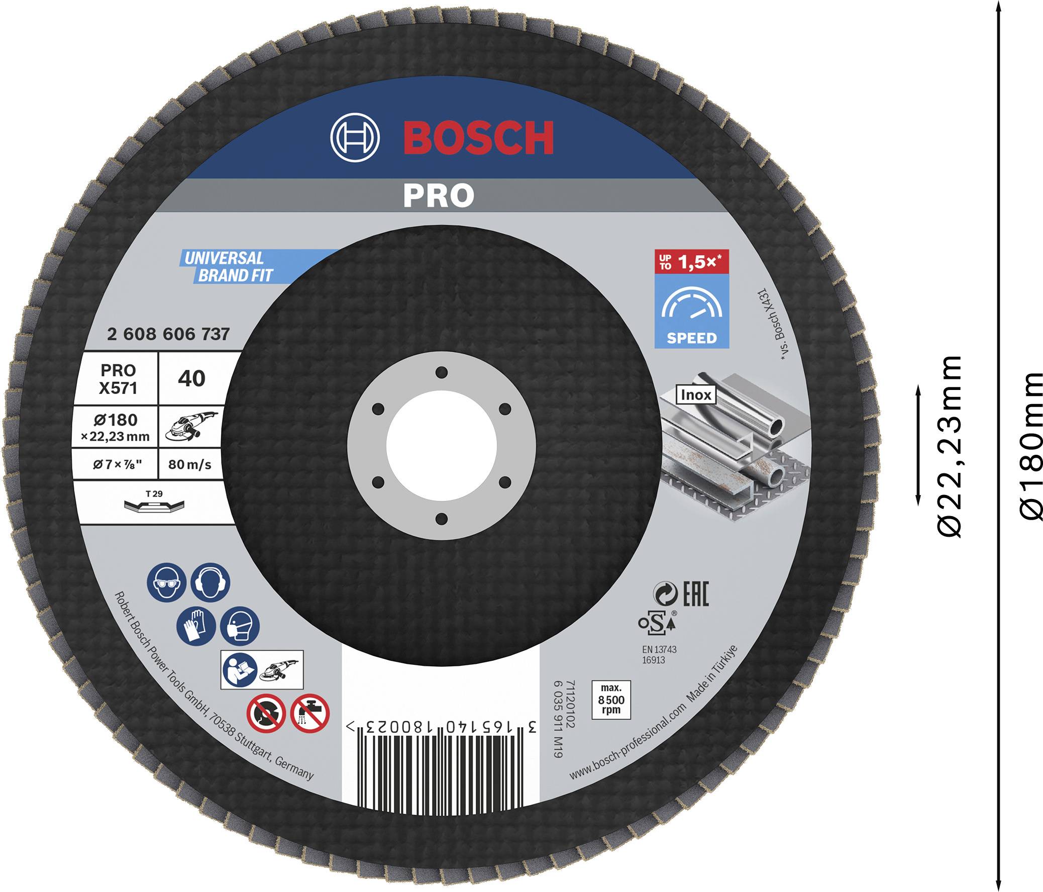 Bosch Accessories 2608606737 X571 Fächerschleifscheibe Durchmesser 180mm Bohrungs-Ø 22.33mm Stahl 1St.
