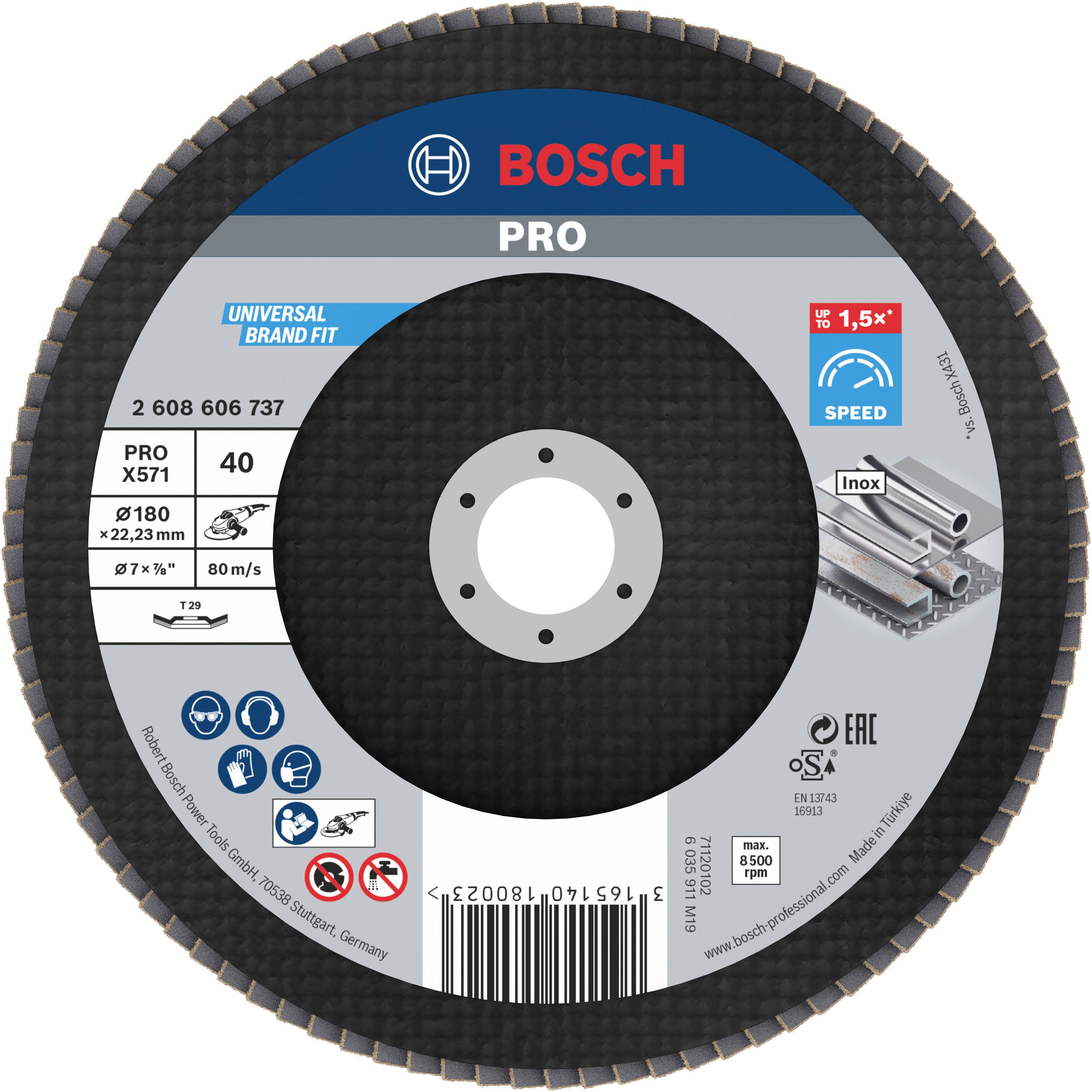 Schleifscheibe 'Bosch PRO', Durchmesser 180 mm, geeignet für Metallschliff, max. 80 m/s, mit Piktogrammen zur Anwendungssicherheit.
