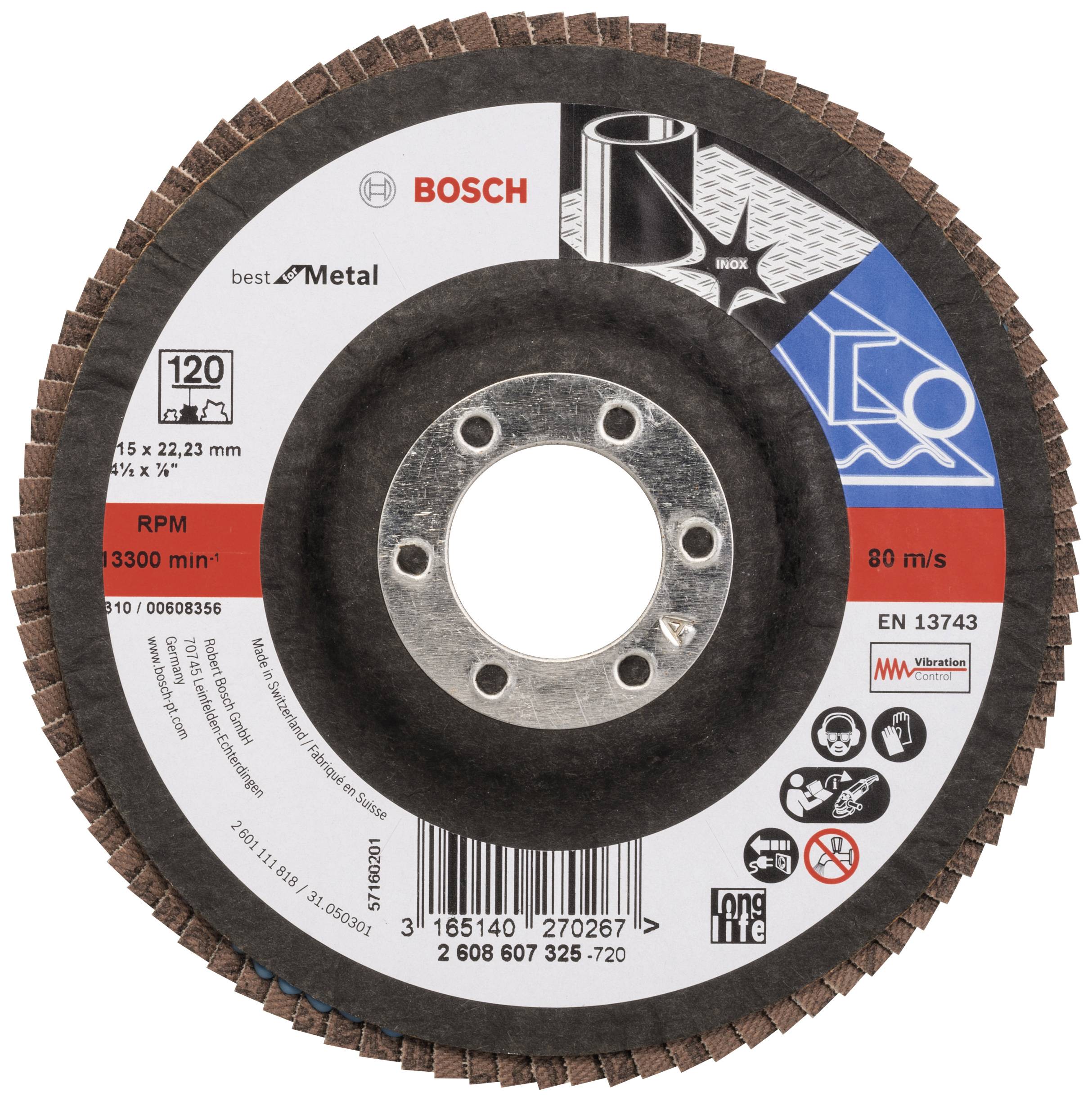 Schleifscheibe von Bosch für Metallbearbeitung, Durchmesser 115 mm, Maximaldrehzahl 13.300 min⁻¹, Vibrationsschutz, Zertifizierung EN 13743.