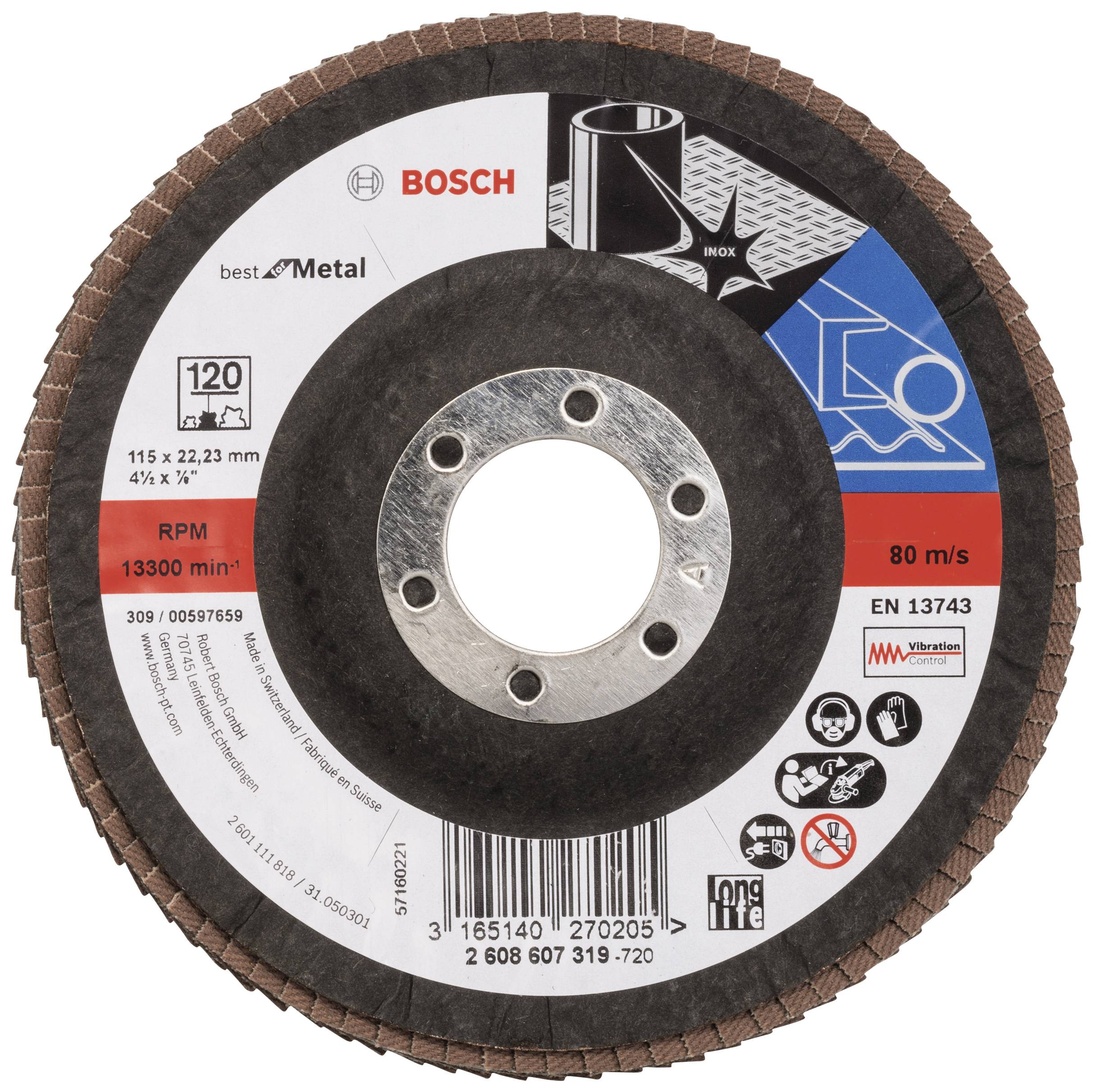 Bosch Schleifscheibe für Metall, 115 mm Durchmesser, maximale Drehzahl 13.300 min⁻¹, geeignet für Winkelschleifer.