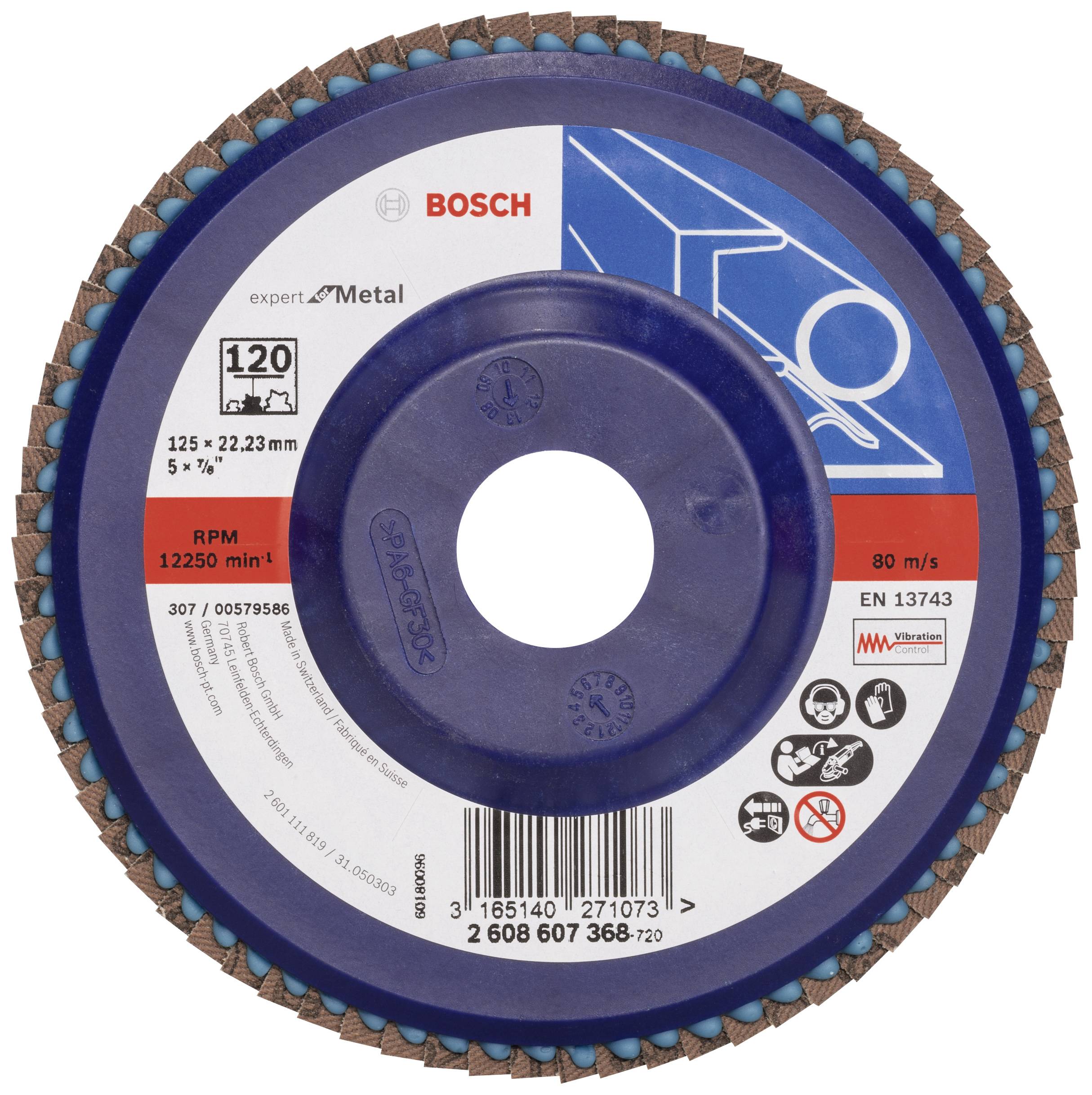 Schleifscheibe 'BOSCH' für Metall, 125 mm Durchmesser, 12250 U/min. Enthält Sicherheits- und Anwendungspiktogramme.