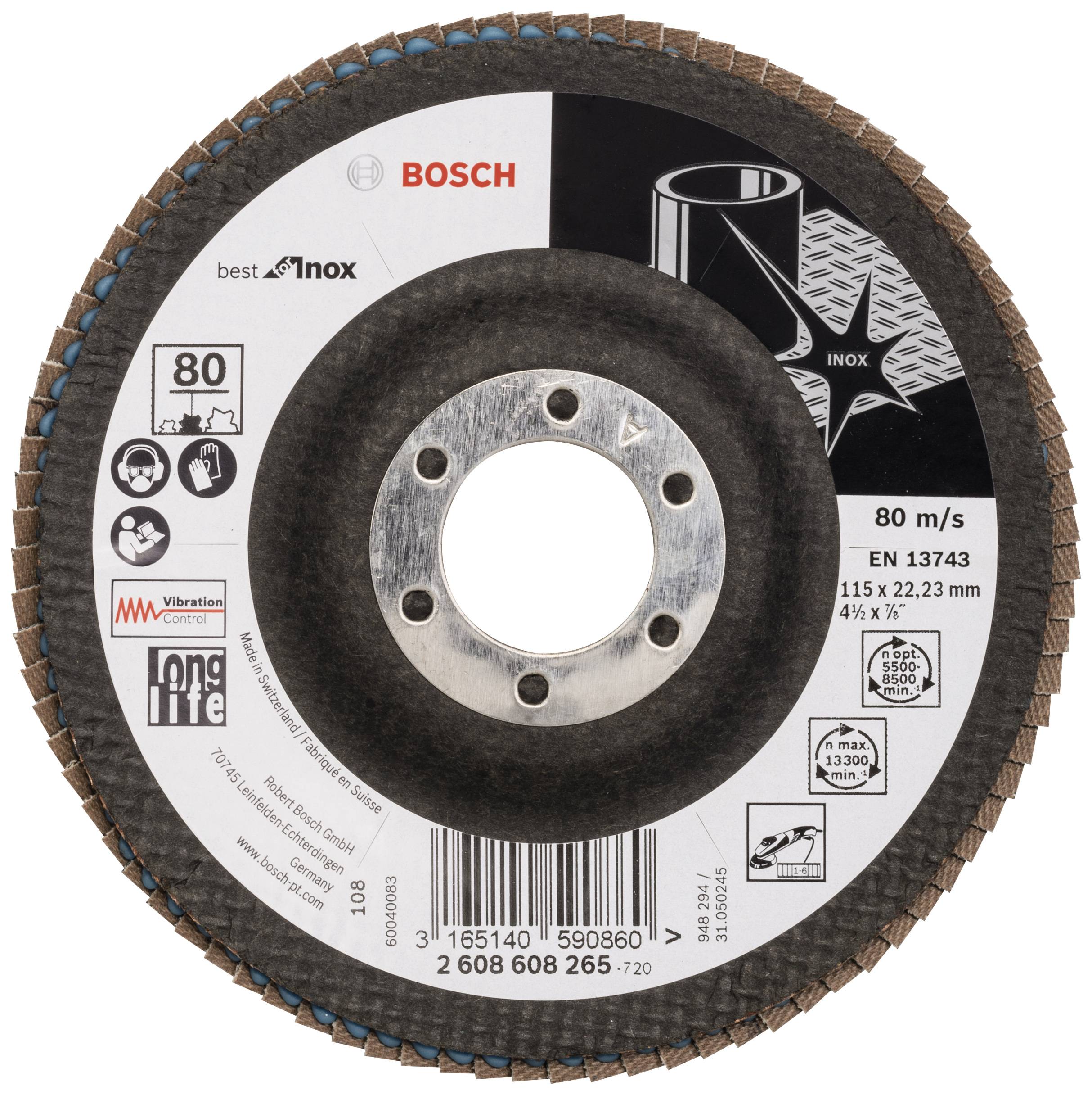Bosch Accessories 2608608265 X581 Fächerschleifscheibe Durchmesser 115 mm Bohrungs-Ø 22.33 mm Körnung (num) 80 Edelstahl 1 St.