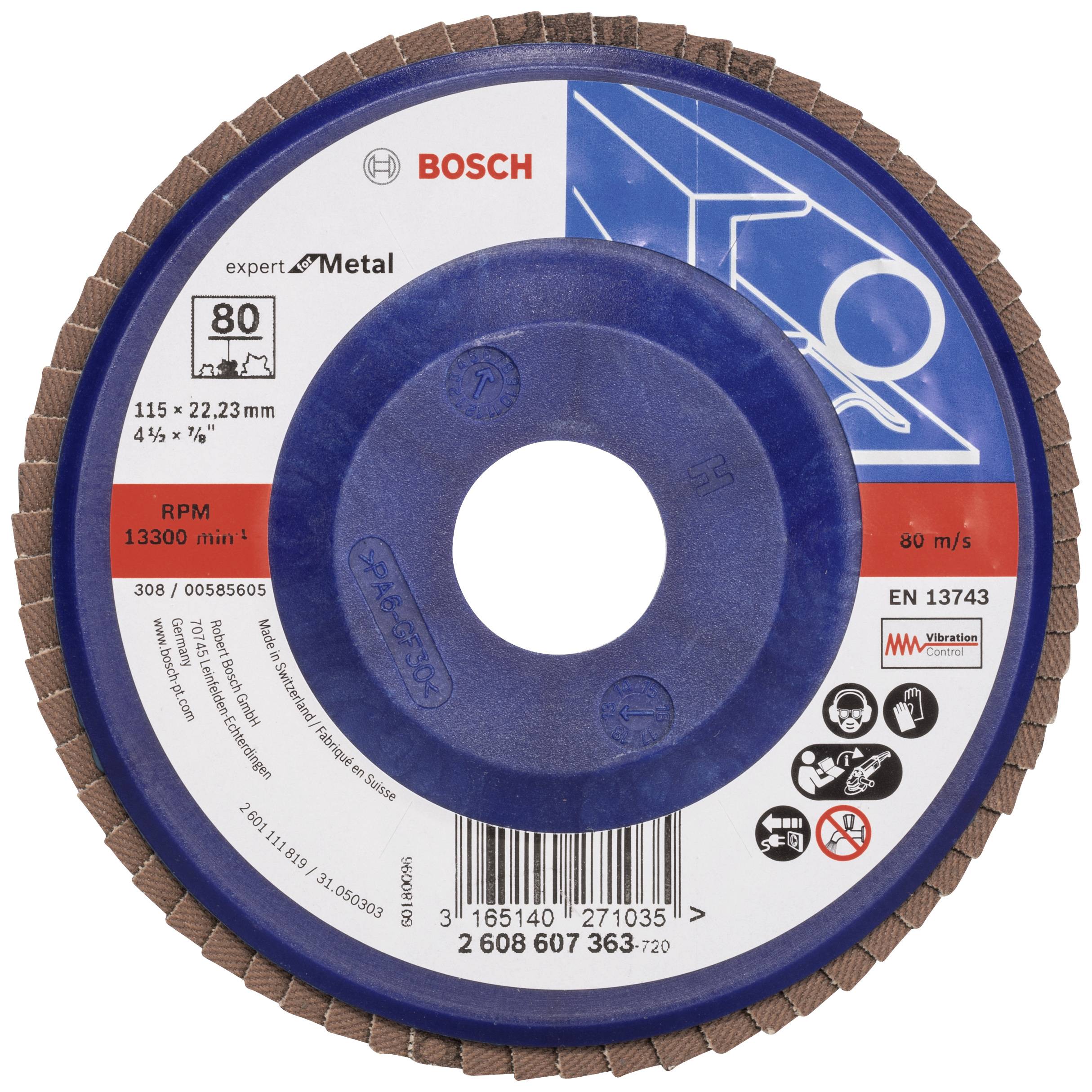 Schleifscheibe von Bosch für Metallbearbeitung, Durchmesser 115 mm, Bohrung 22,23 mm. Max. Drehzahl: 13300/min, max. Geschwindigkeit: 80 m/s.