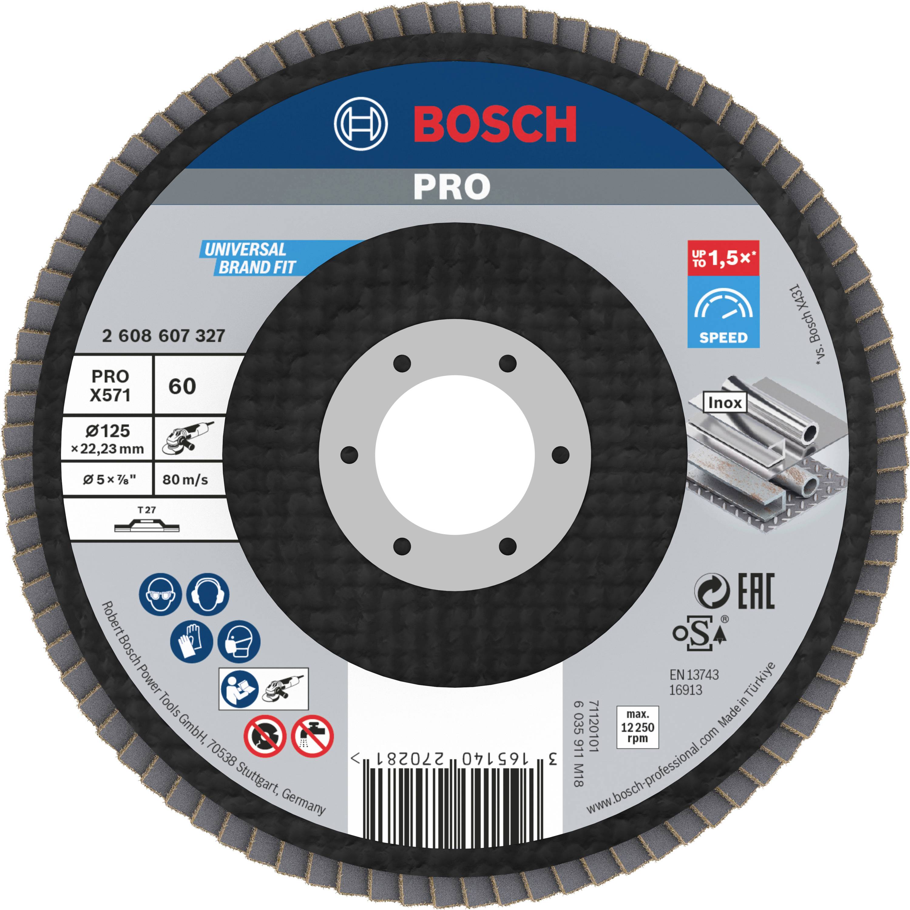 'Bosch Pro' Schleifscheibe, Durchmesser 125 mm, Körnung 60, geeignet für Metallbearbeitung, inklusive Sicherheitssymbole und Nutzungshinweise.