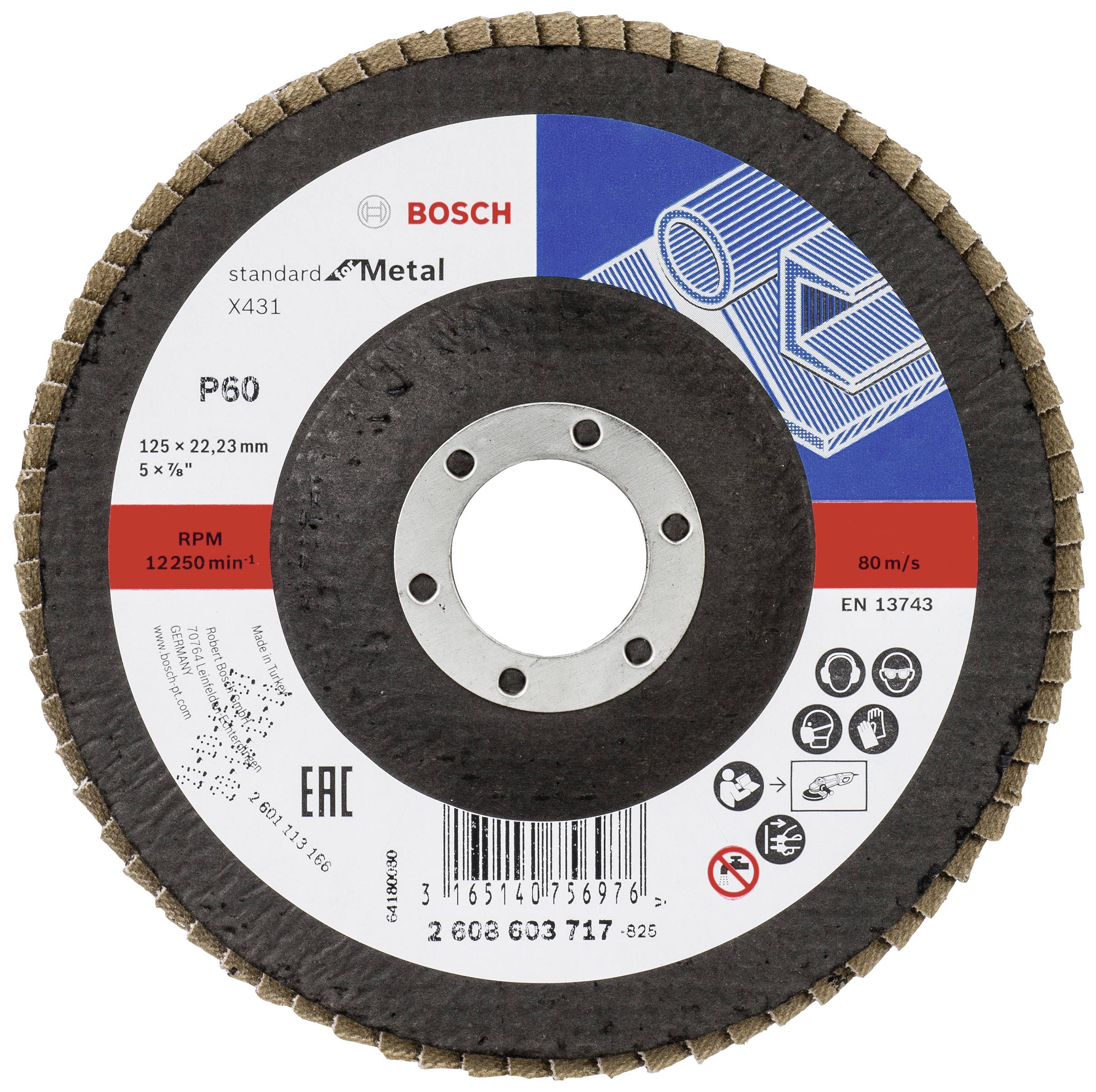 Schleifscheibe für Metallbearbeitung. Bosch Standard X431, P60 Körnung, 125 x 22,23 mm, maximale Drehzahl: 12.250 U/min, 80 m/s.