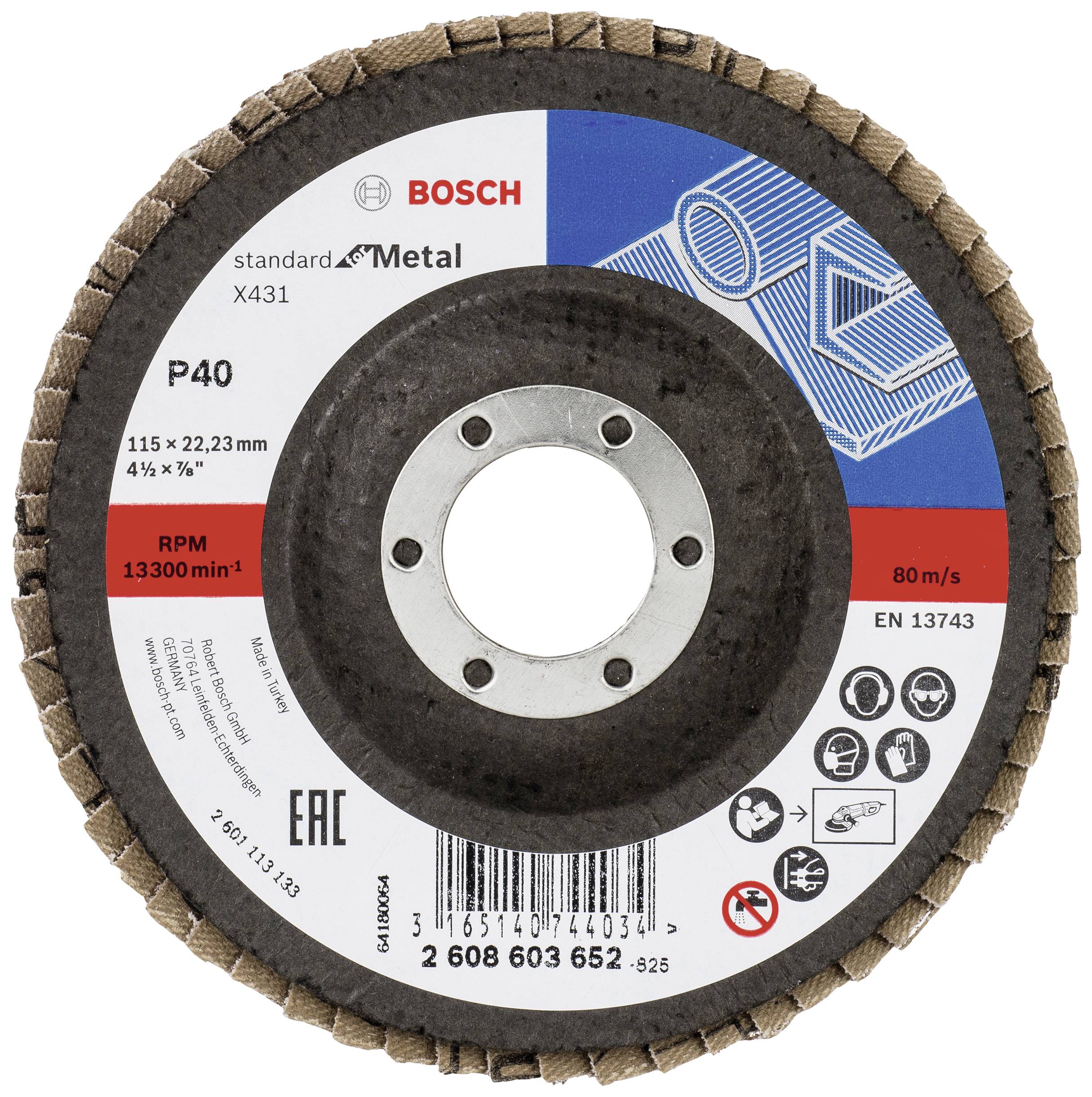 Schleifscheibe von Bosch, Modell P40, Durchmesser 115 mm, für Metall. Drehzahl: 13.300 min⁻¹, max. 80 m/s. EAN und Produktsymbole sichtbar.