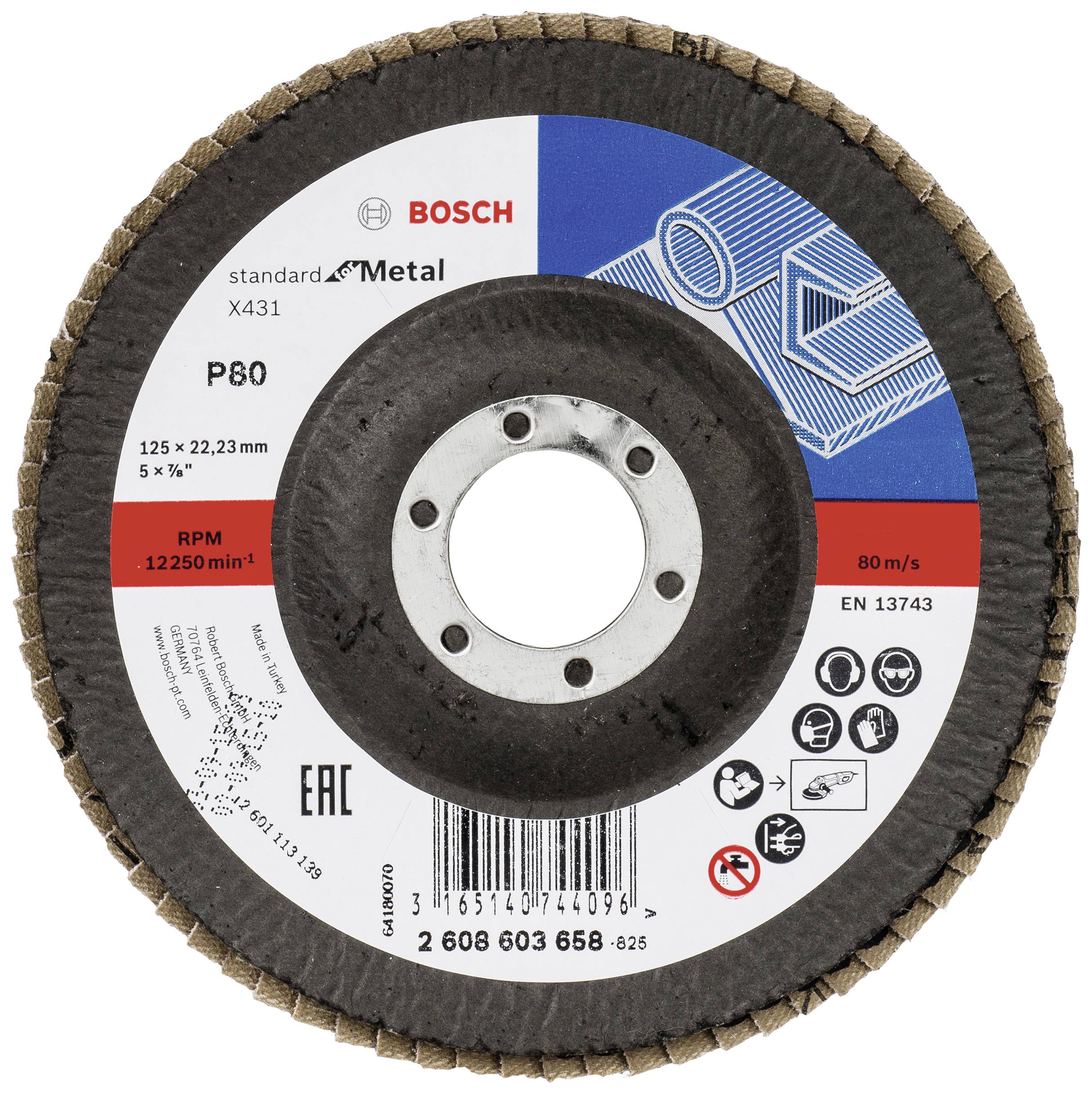 Eine BOSCH Schleifscheibe für Metall, Modell X431, Körnung P80, Durchmesser 125 mm, max. Drehzahl 12250 U/min, Norm EN 13743.