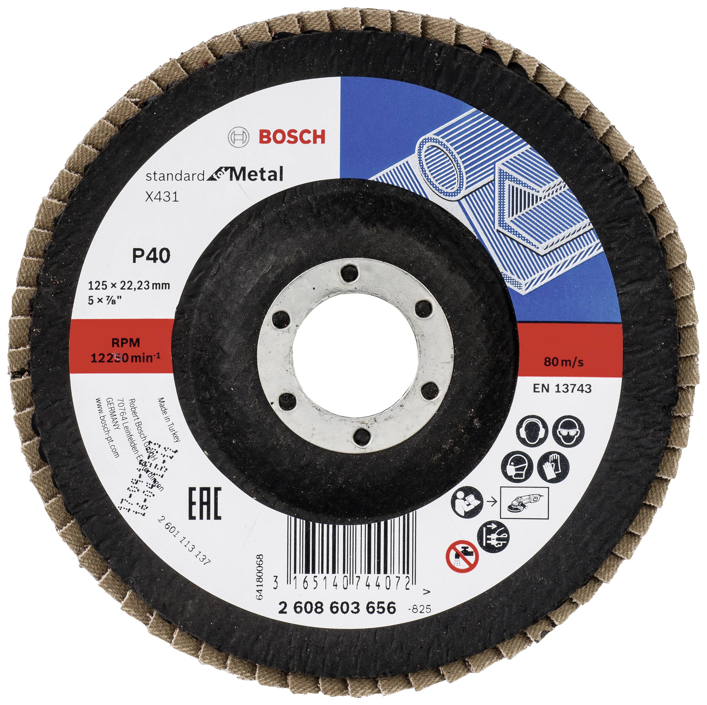 Schleifscheibe für Metall mit Körnung P40, 125 x 22,23 mm. Marke: Bosch. Enthält technische Angaben wie Drehzahlbereich und Normen.