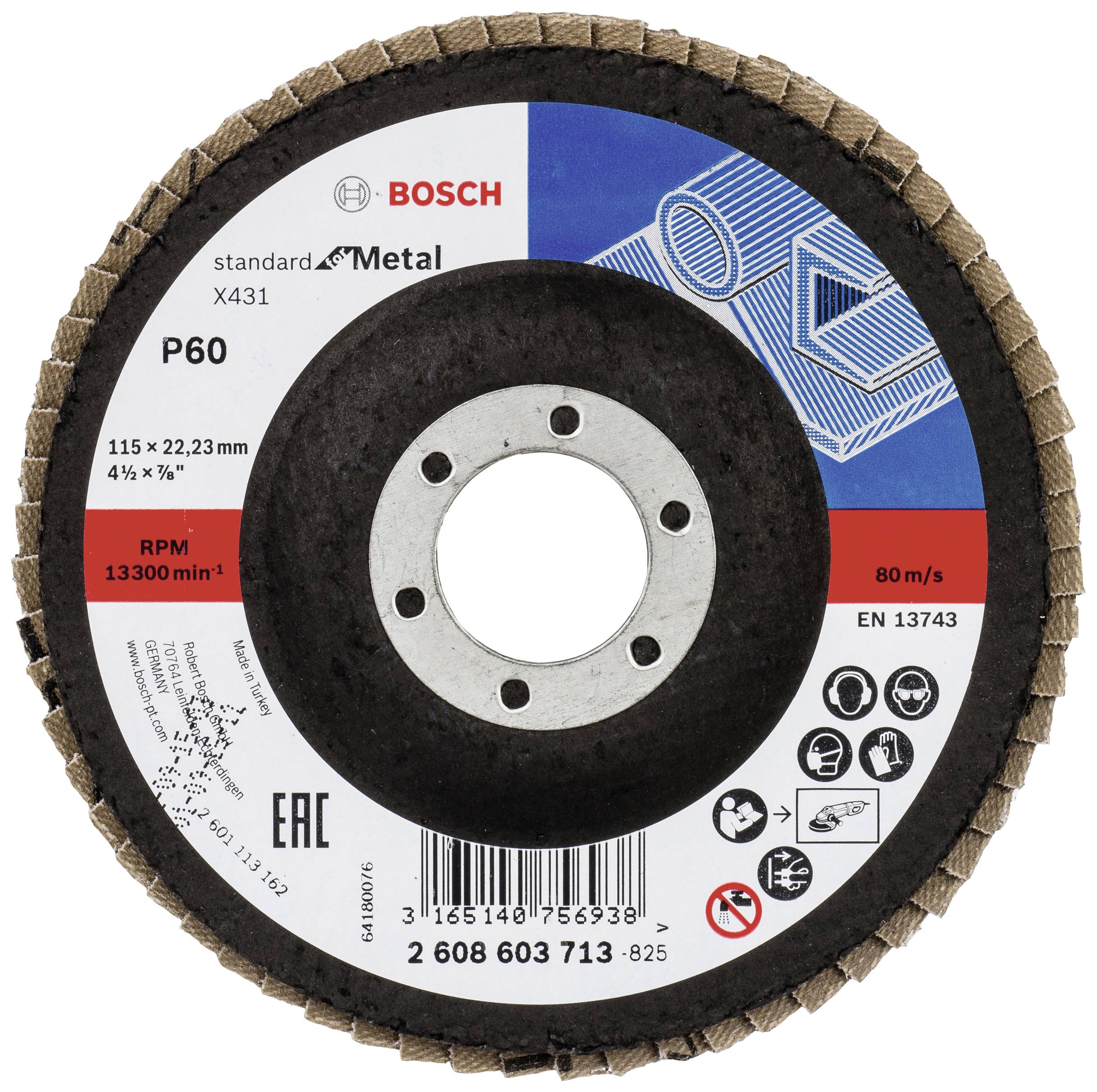 Schleifscheibe für Metall, Bosch Standard, P60, 115 x 22,23 mm, maximal 13300 U/min; Symbole: Augenschutz, Gehörschutz, Handschutz.