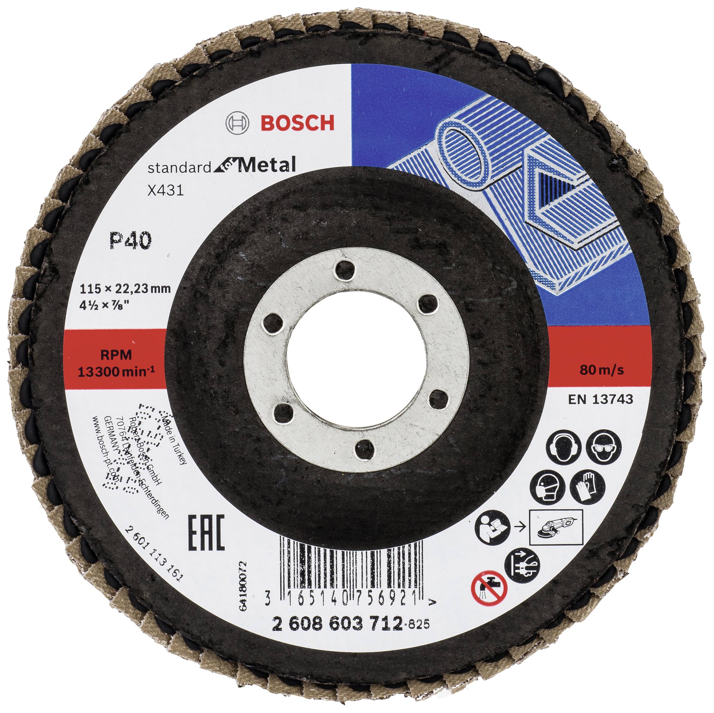 Bosch Schleifmopteller für Metall, Standard X431, Körnung P40, 115 mm Durchmesser, maximale Drehzahl 13.300 U/min, EN 13743.