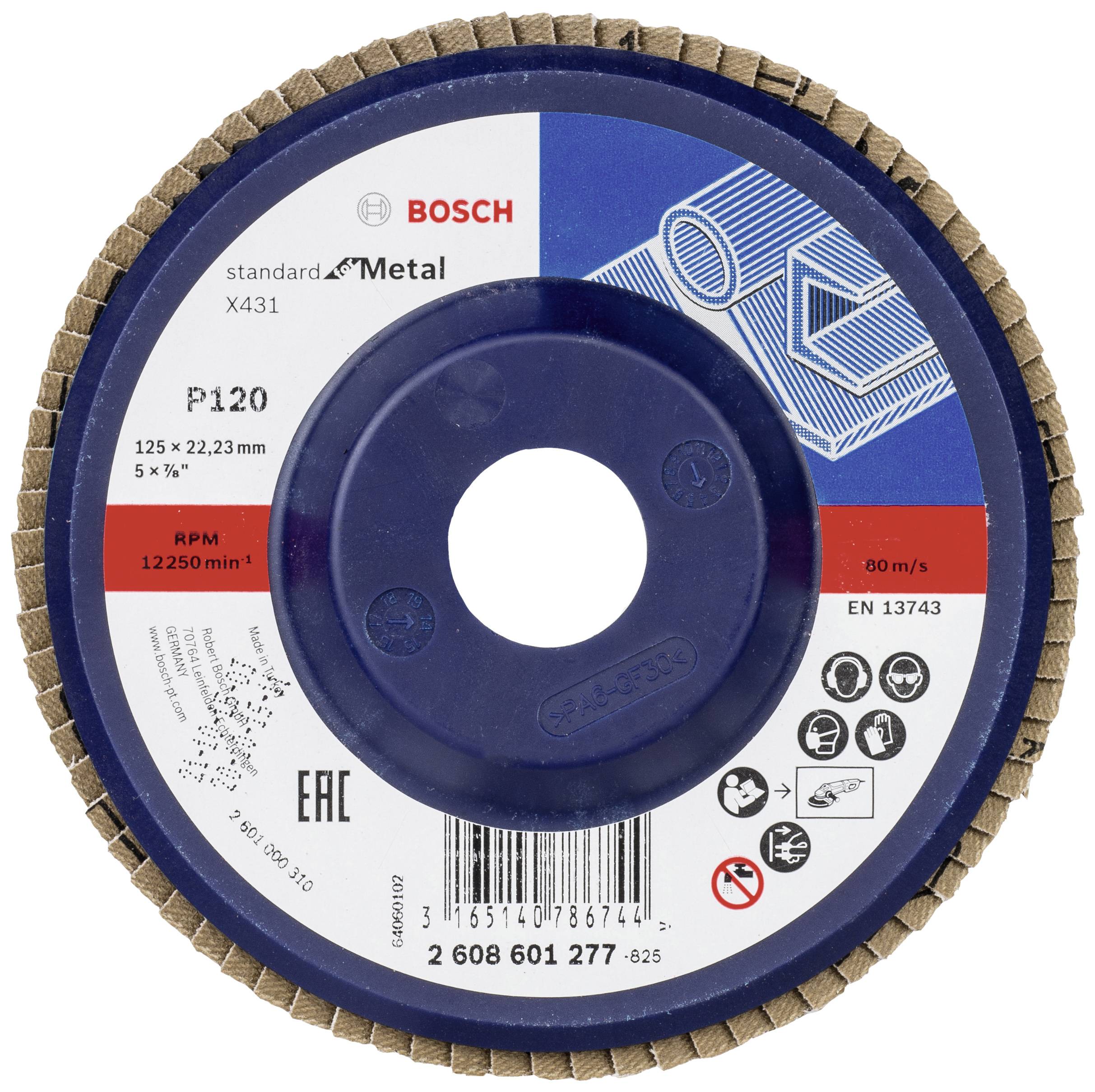 Schleifscheibe für Metallbearbeitung, Marke Bosch, Modell P120, Durchmesser 125 mm, Geschwindigkeit 12.250 U/min.