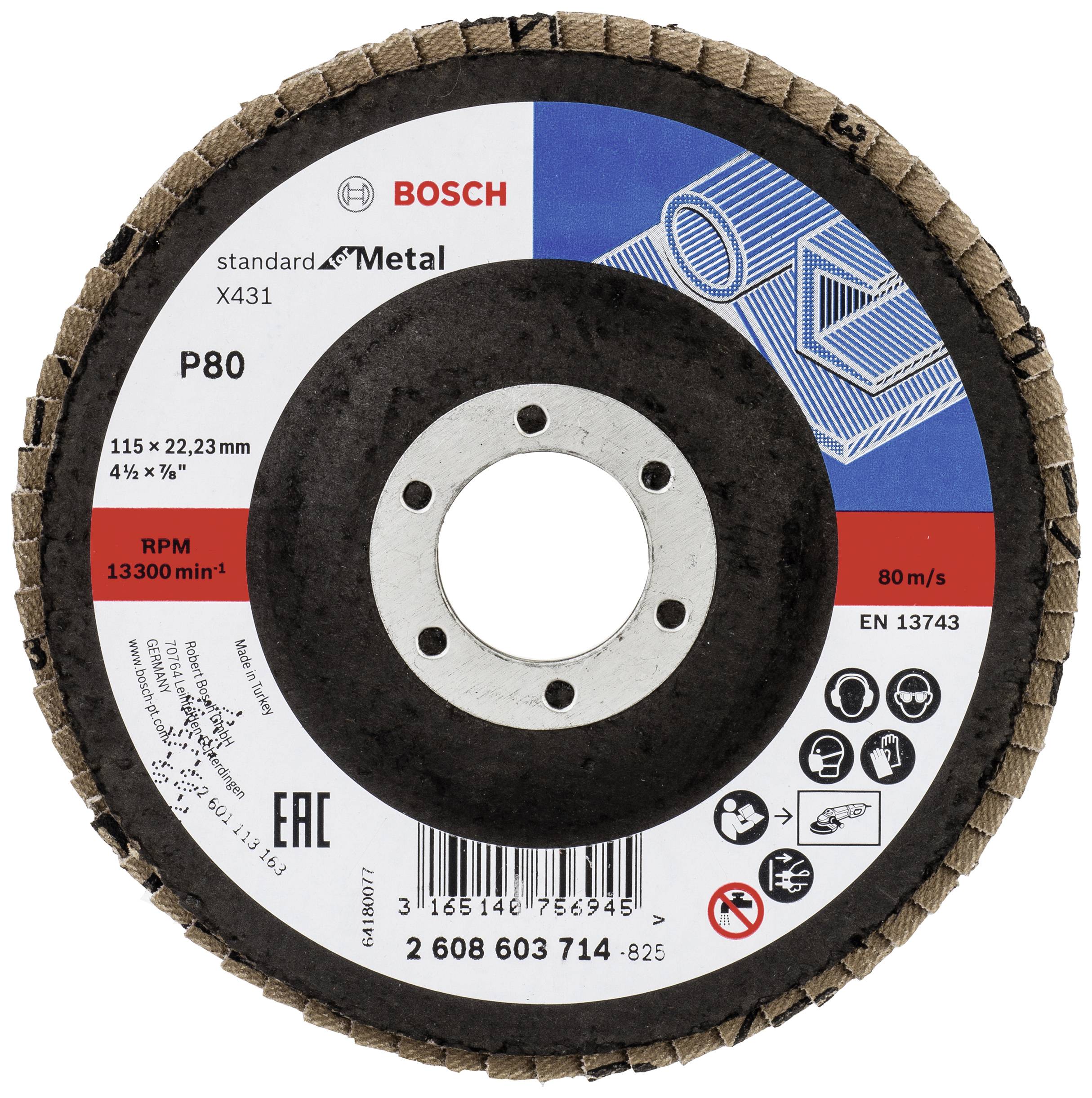 Schleifscheibe von Bosch, geeignet für Metall, P80 Korn, 115 mm x 22,23 mm, 80 m/s, 13300 U/min, Norm EN 13743.