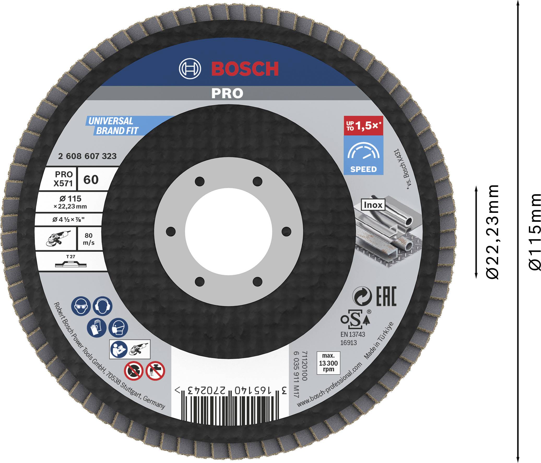 Schleifscheibe 'Bosch Pro', Durchmesser 115 mm, Bohrung 22,23 mm, geeignet für Edelstahl. Verpackung zeigt Logos und Spezifikationen.