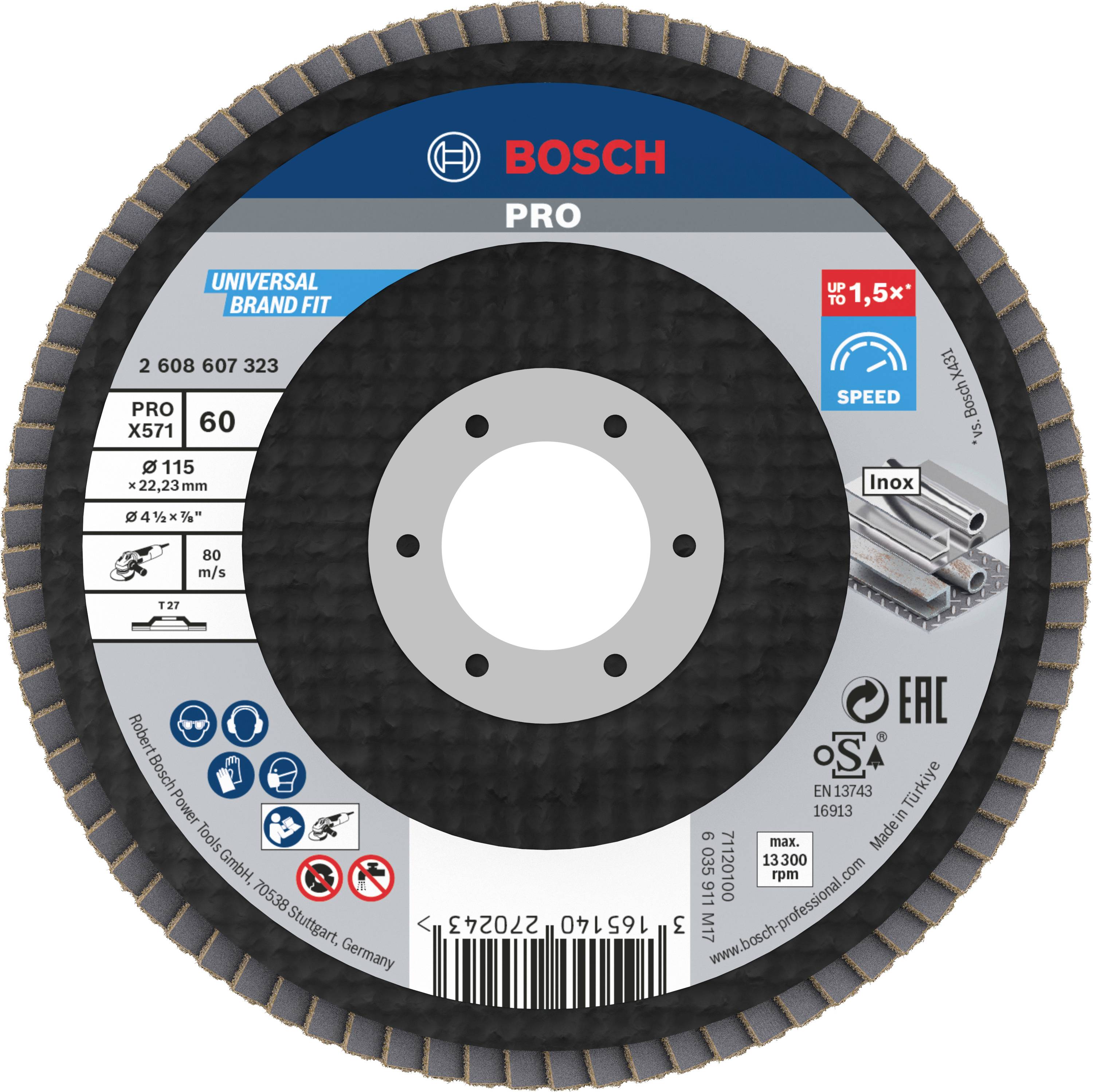 Bosch Pro X571 Lamellenscheibe, Durchmesser 115 mm, Körnung 60, für Inox geeignet, max. U/min 13.300, made in Germany.